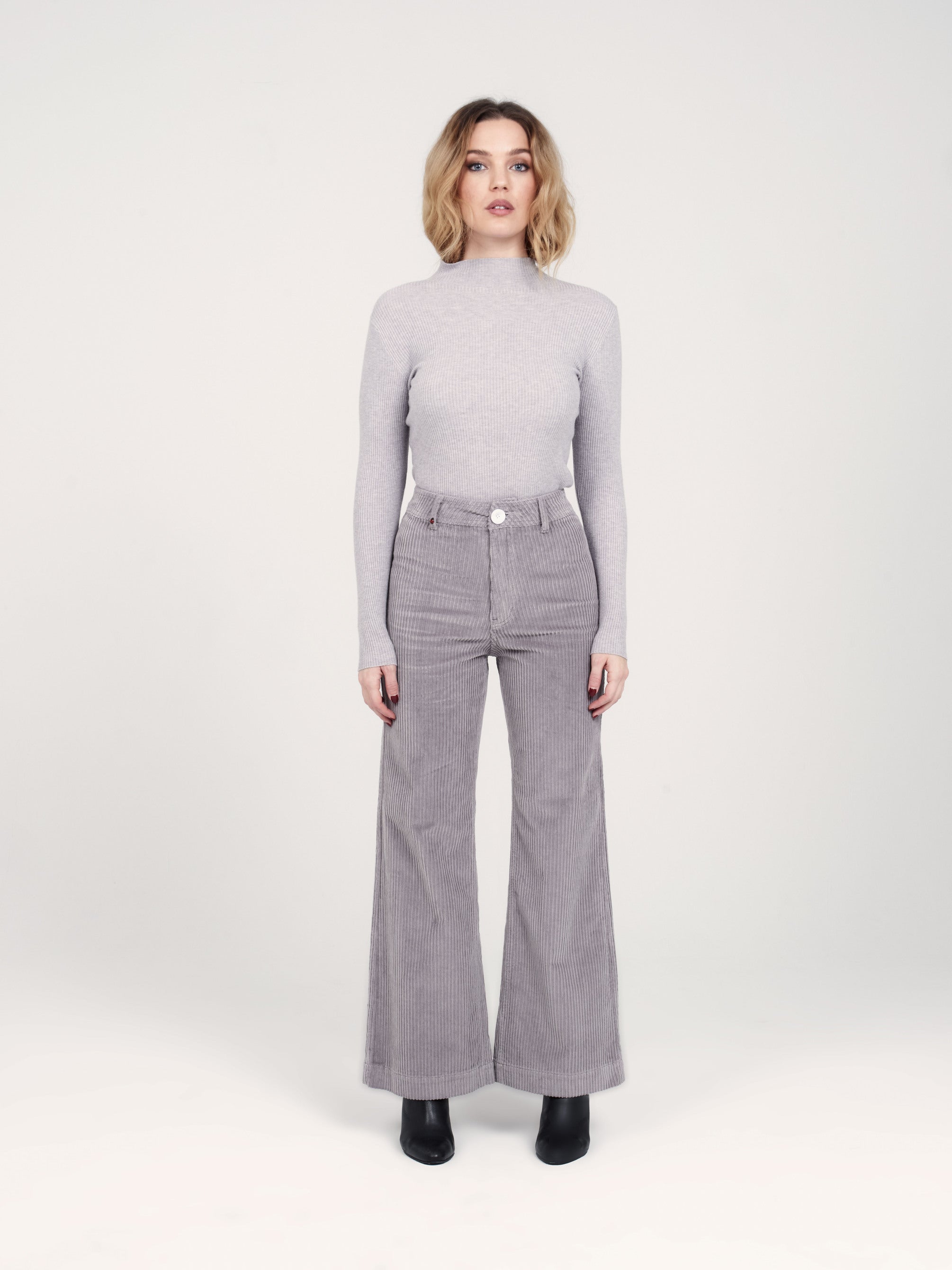 Pantalon évasé taille haute en velours FAUVE