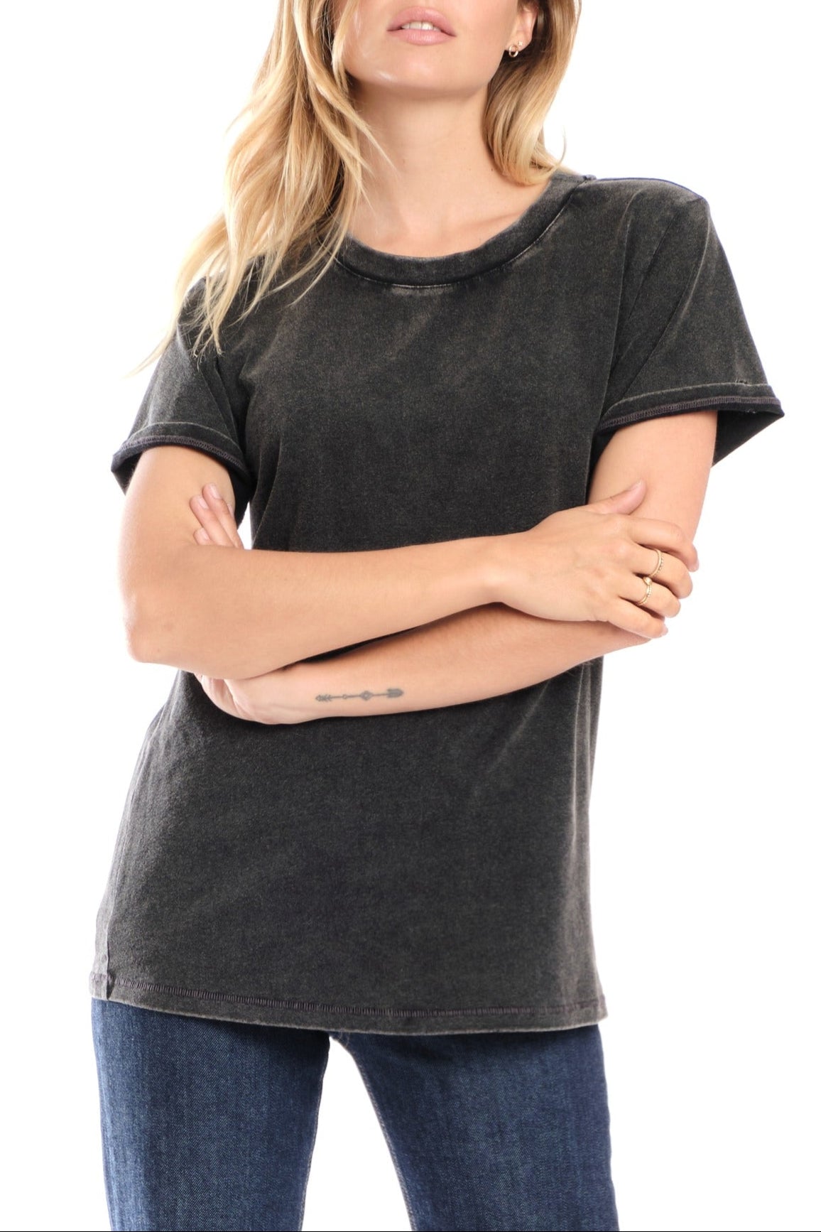 T-shirt noir uni en coton TYFFEN noir femme, BLACK, taille XS, porté par Clara (1m71) (F.A.M. JEANS) – photo 1