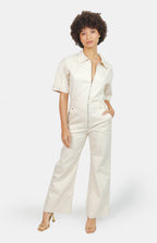 DELPHINE ecru short-sleeved flared jumpsuit