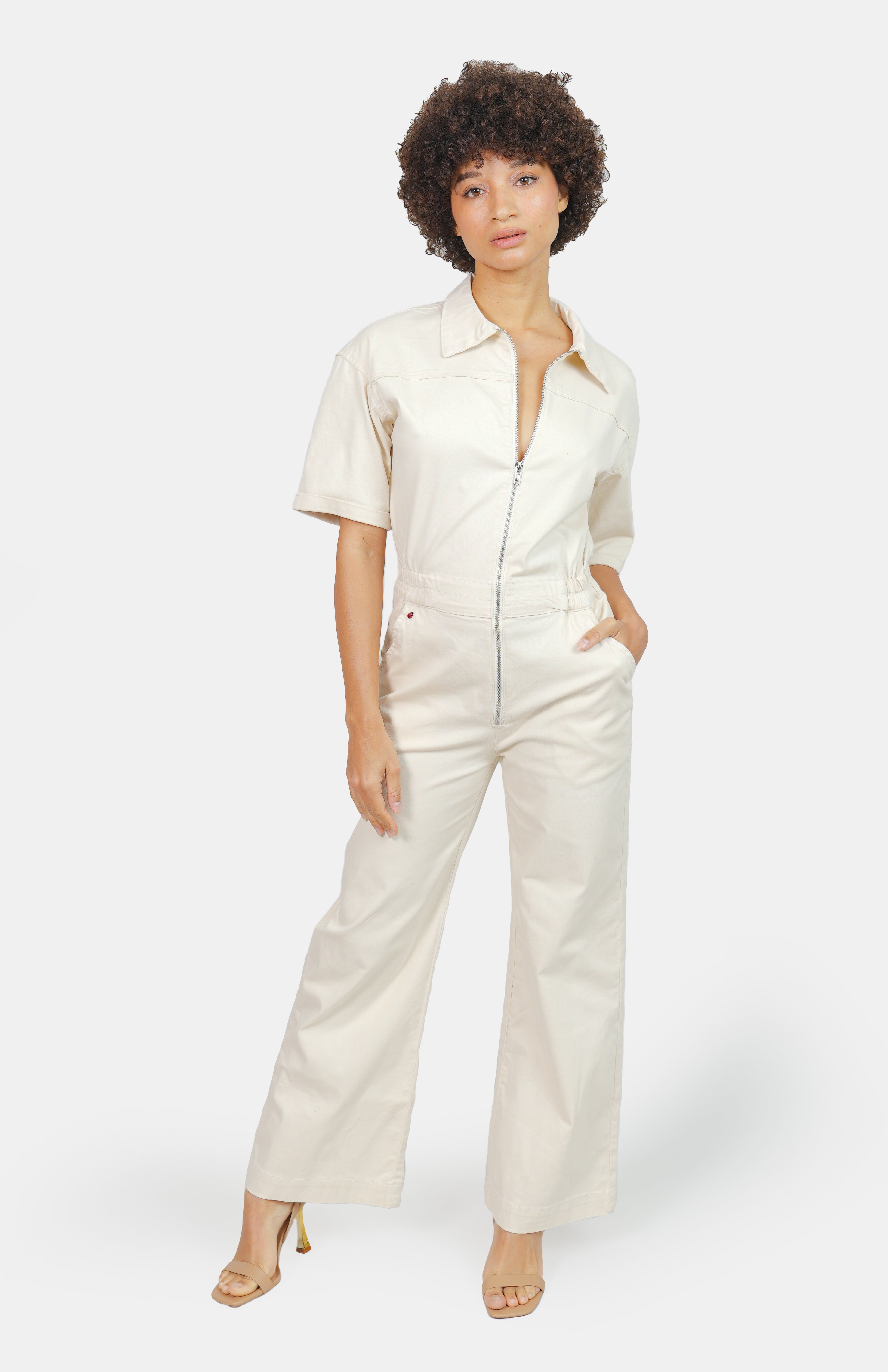 DELPHINE ecru short-sleeved flared jumpsuit