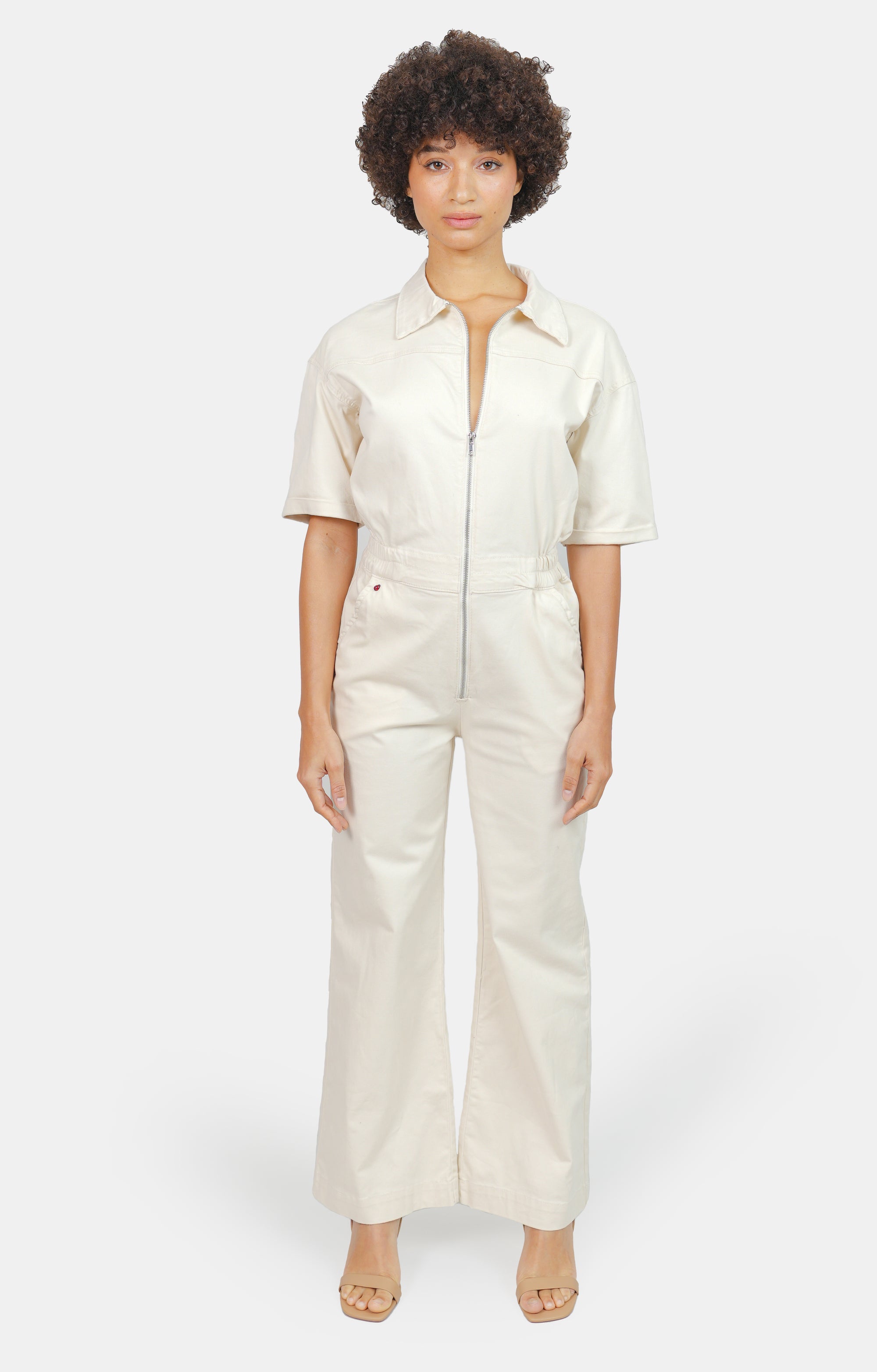 DELPHINE ecru short-sleeved flared jumpsuit