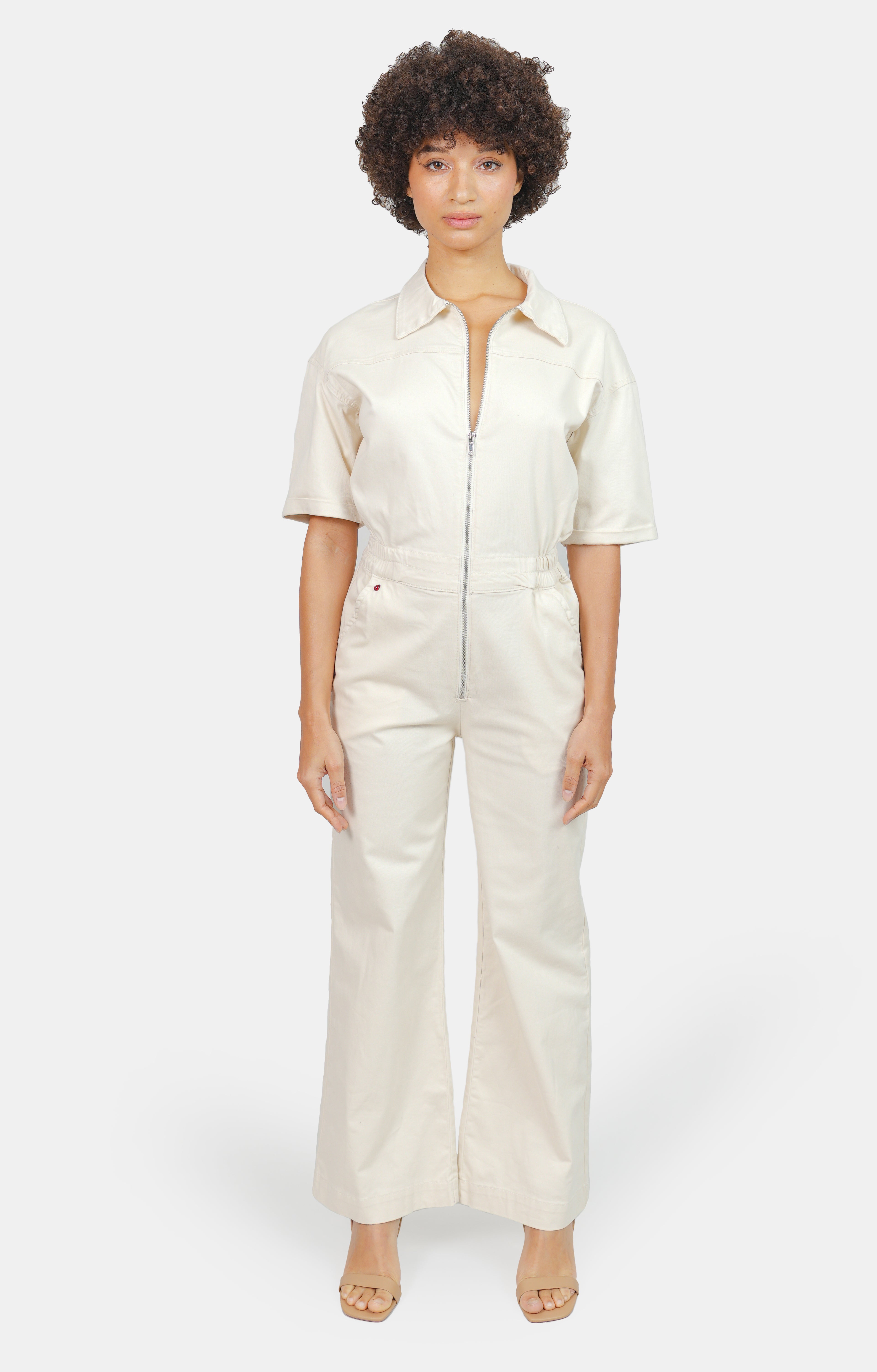 DELPHINE ecru short-sleeved flared jumpsuit