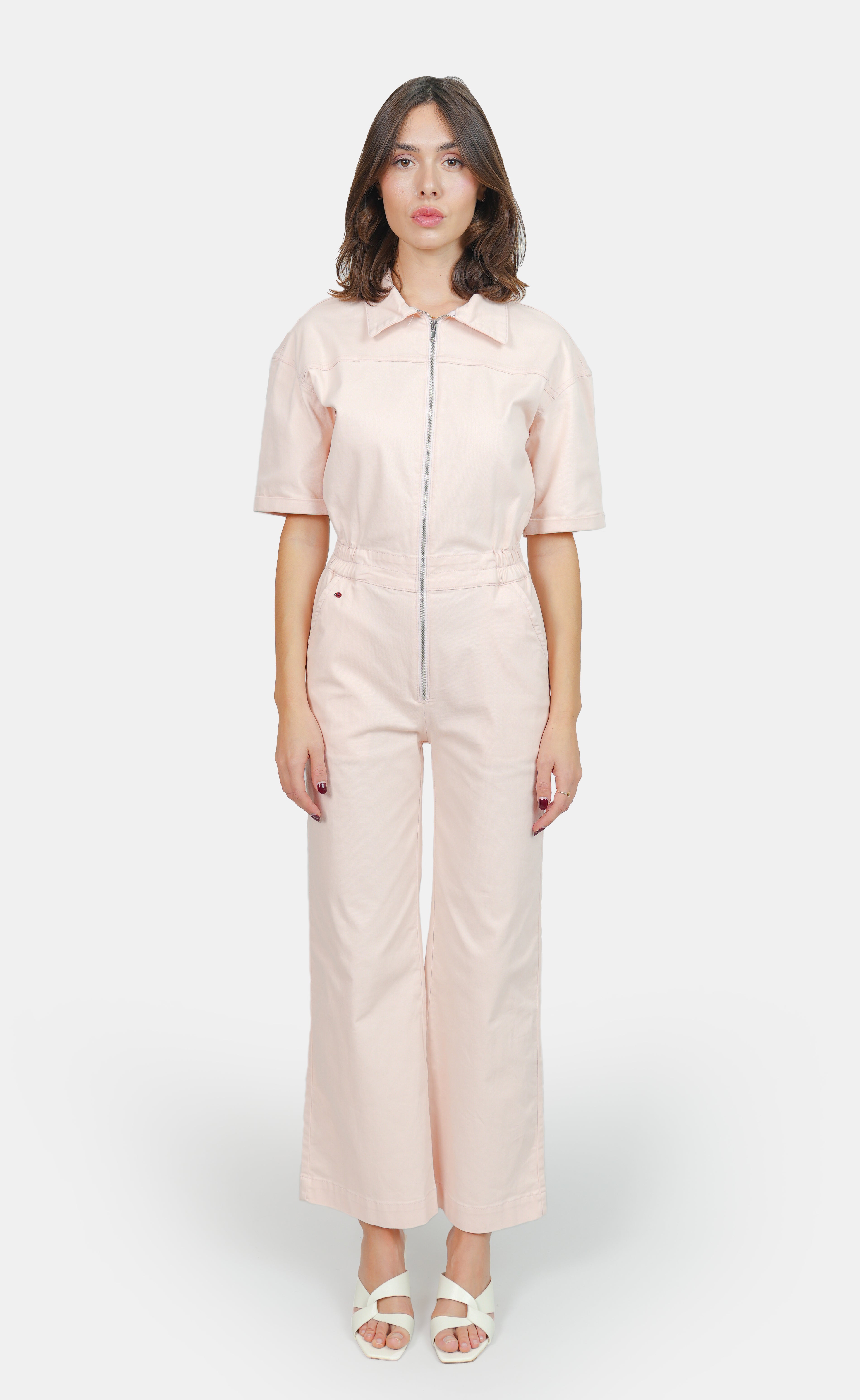 DELPHINE salmon short-sleeved flared jumpsuit