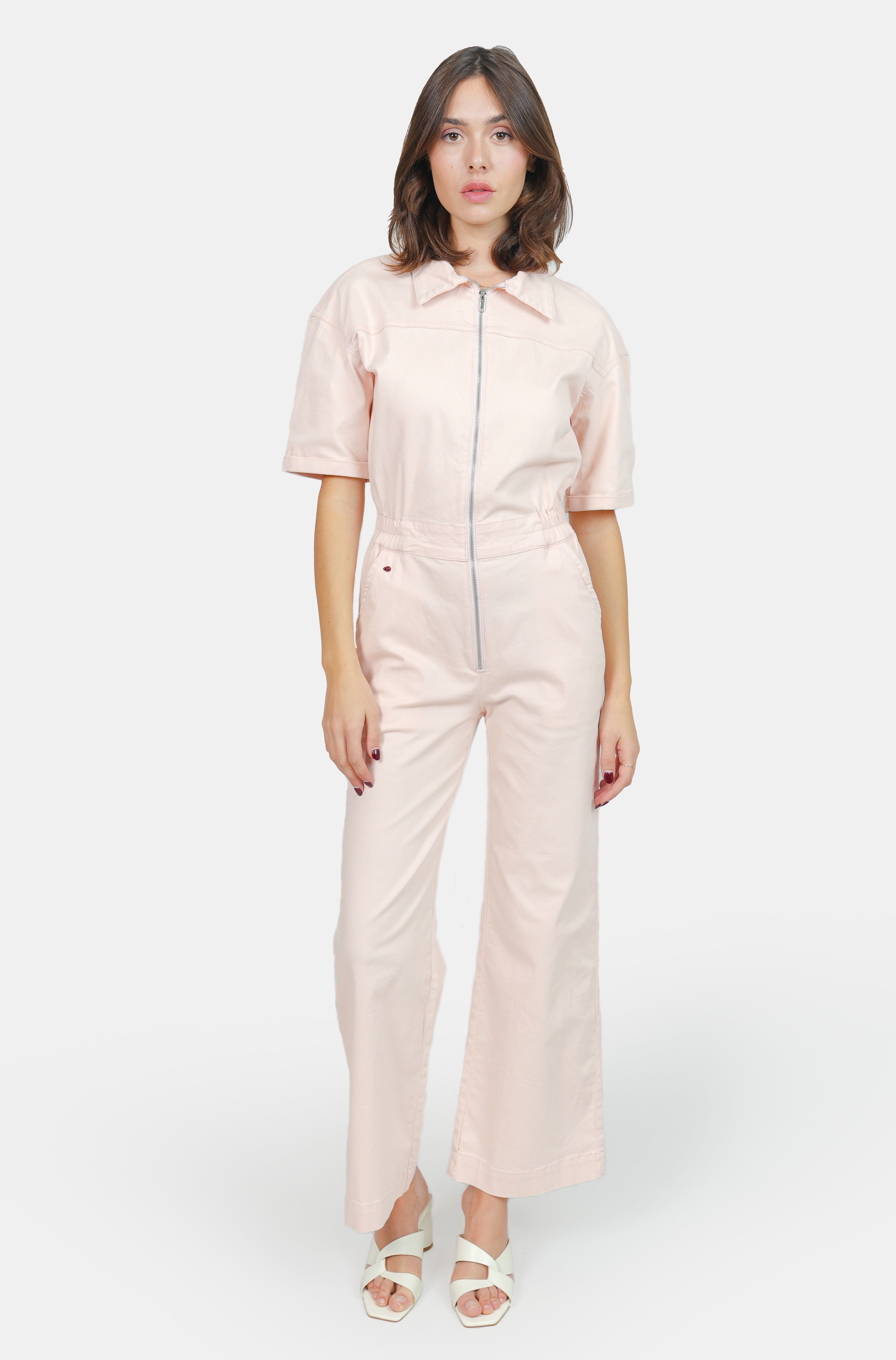 DELPHINE salmon short-sleeved flared jumpsuit