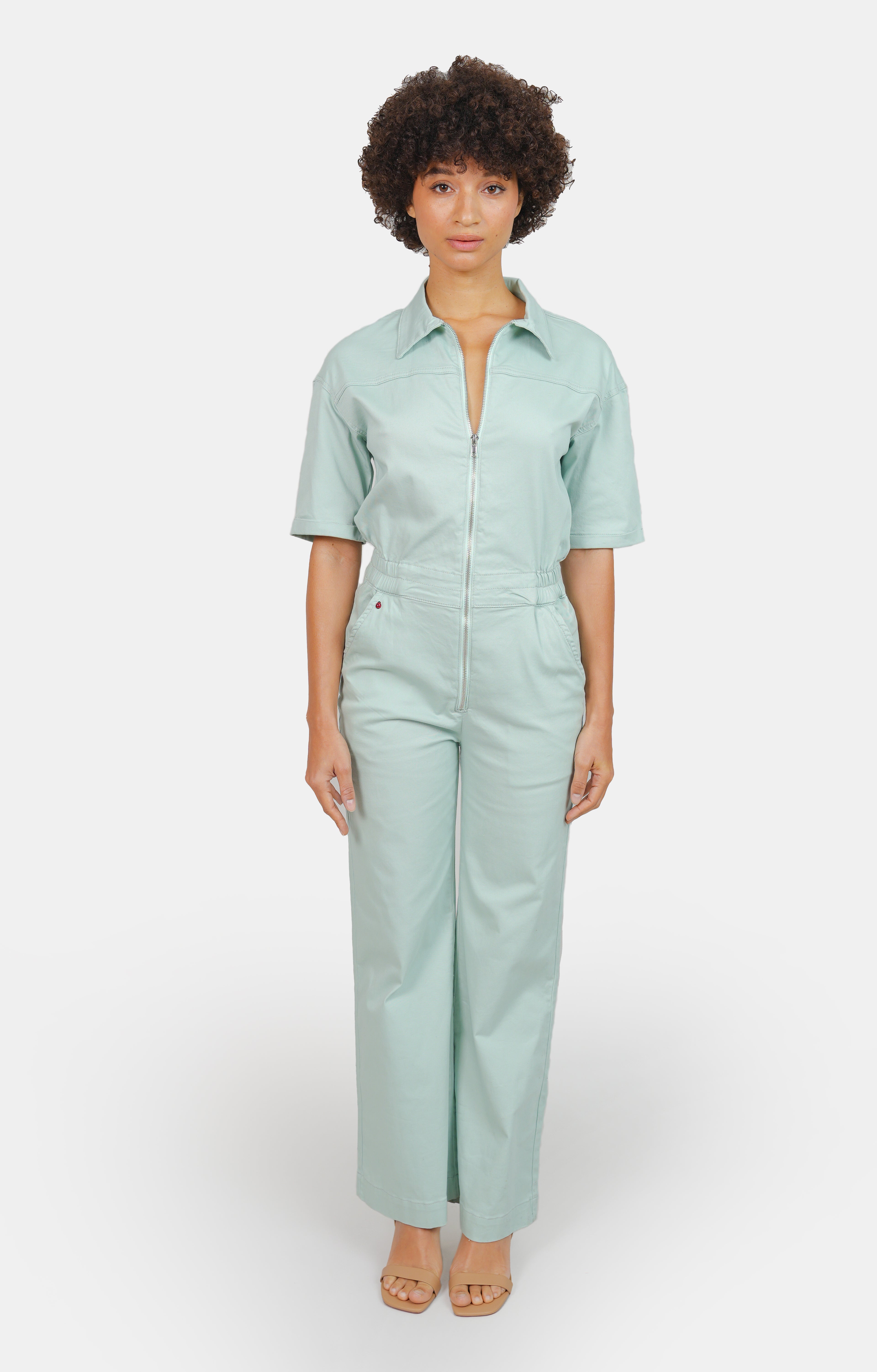 DELPHINE sage short-sleeved flared jumpsuit