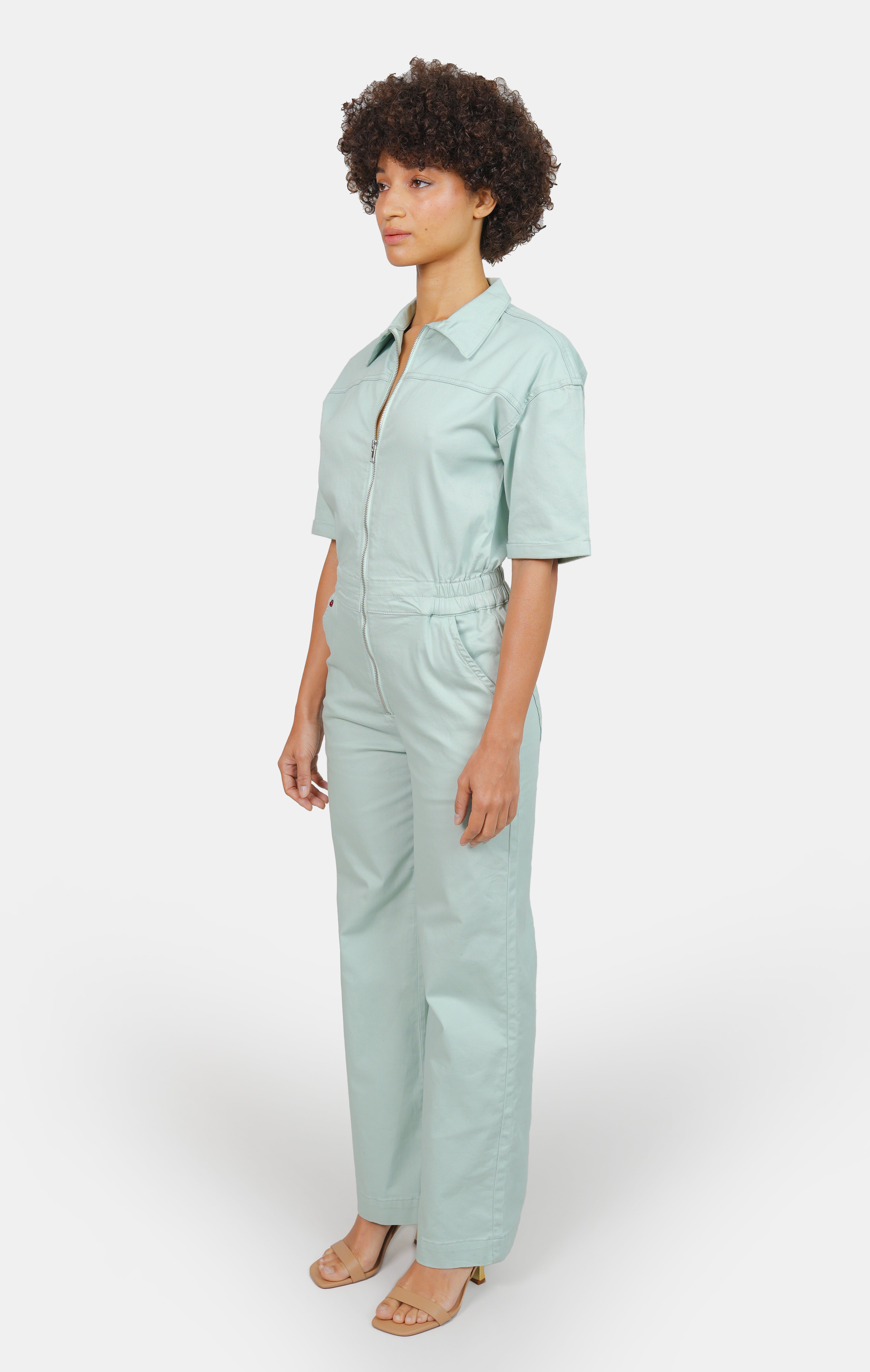 DELPHINE sage short-sleeved flared jumpsuit