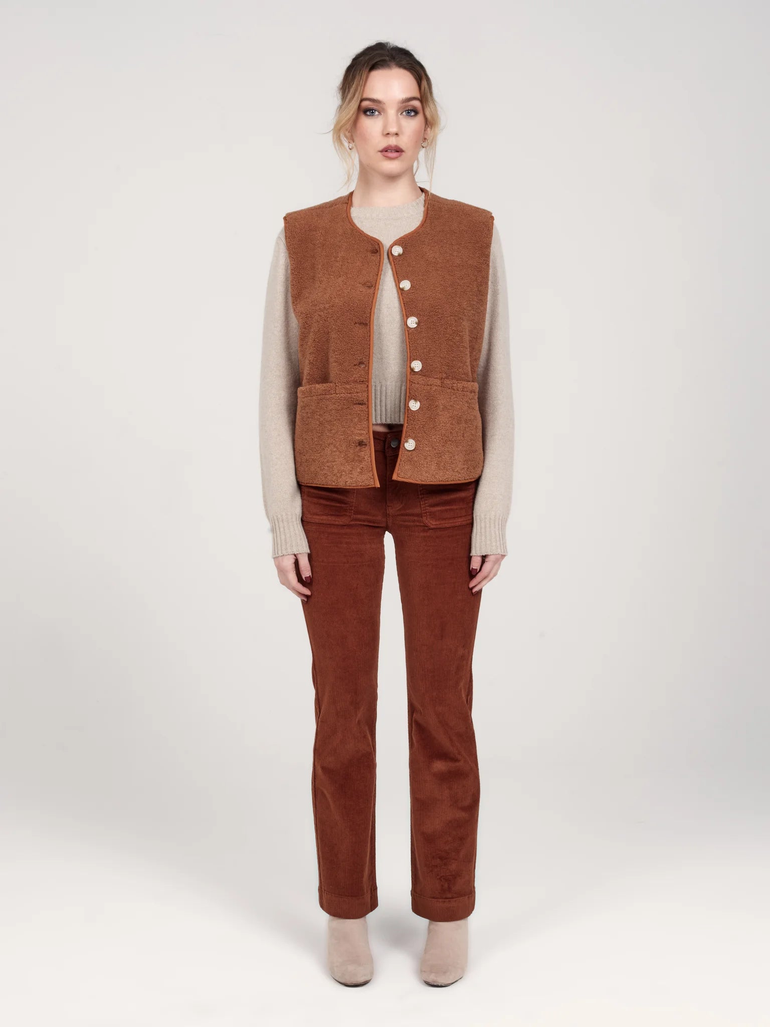 Pantalon bootcut en velours taille mi-haute caramel BELLA