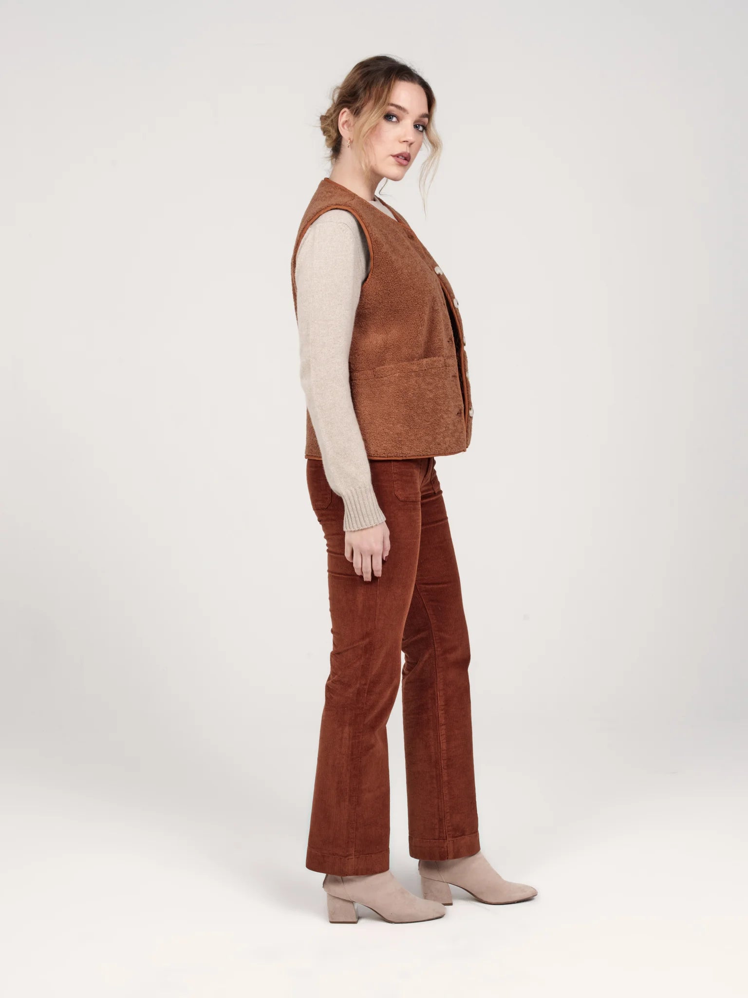 Pantalon bootcut en velours taille mi-haute caramel BELLA