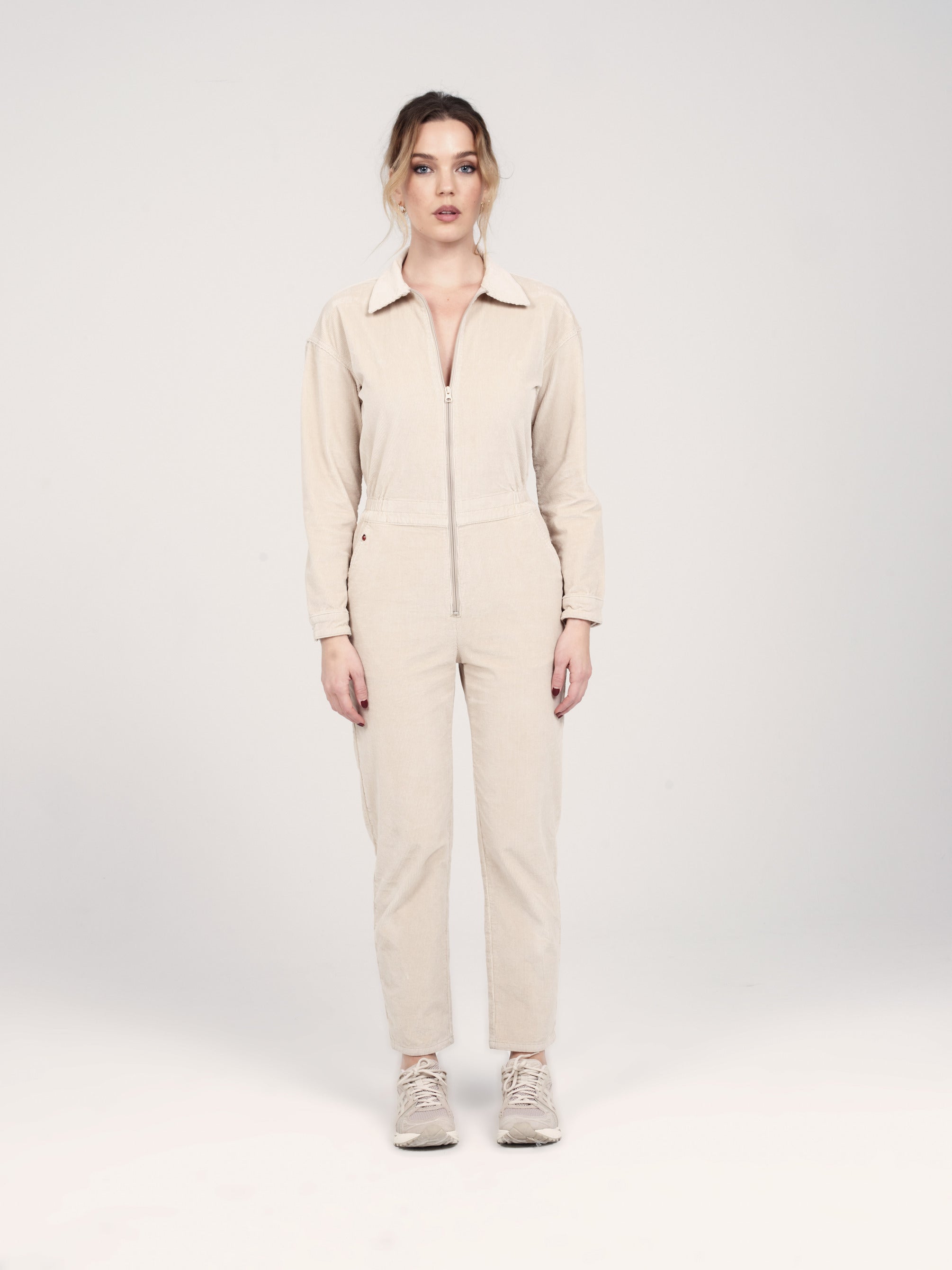 DAUPHINE beige velvet long-sleeved jumpsuit