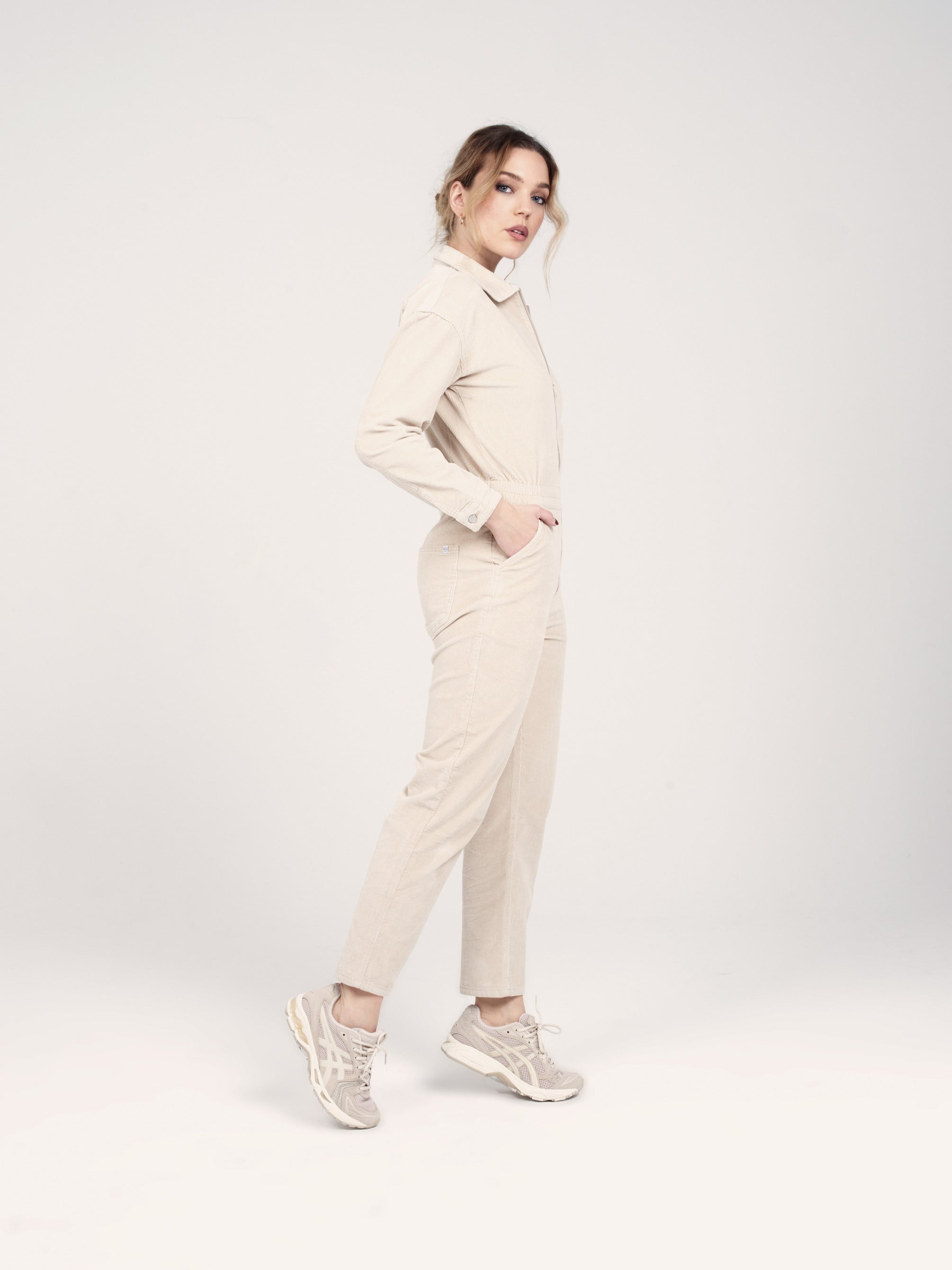 DAUPHINE beige velvet long-sleeved jumpsuit