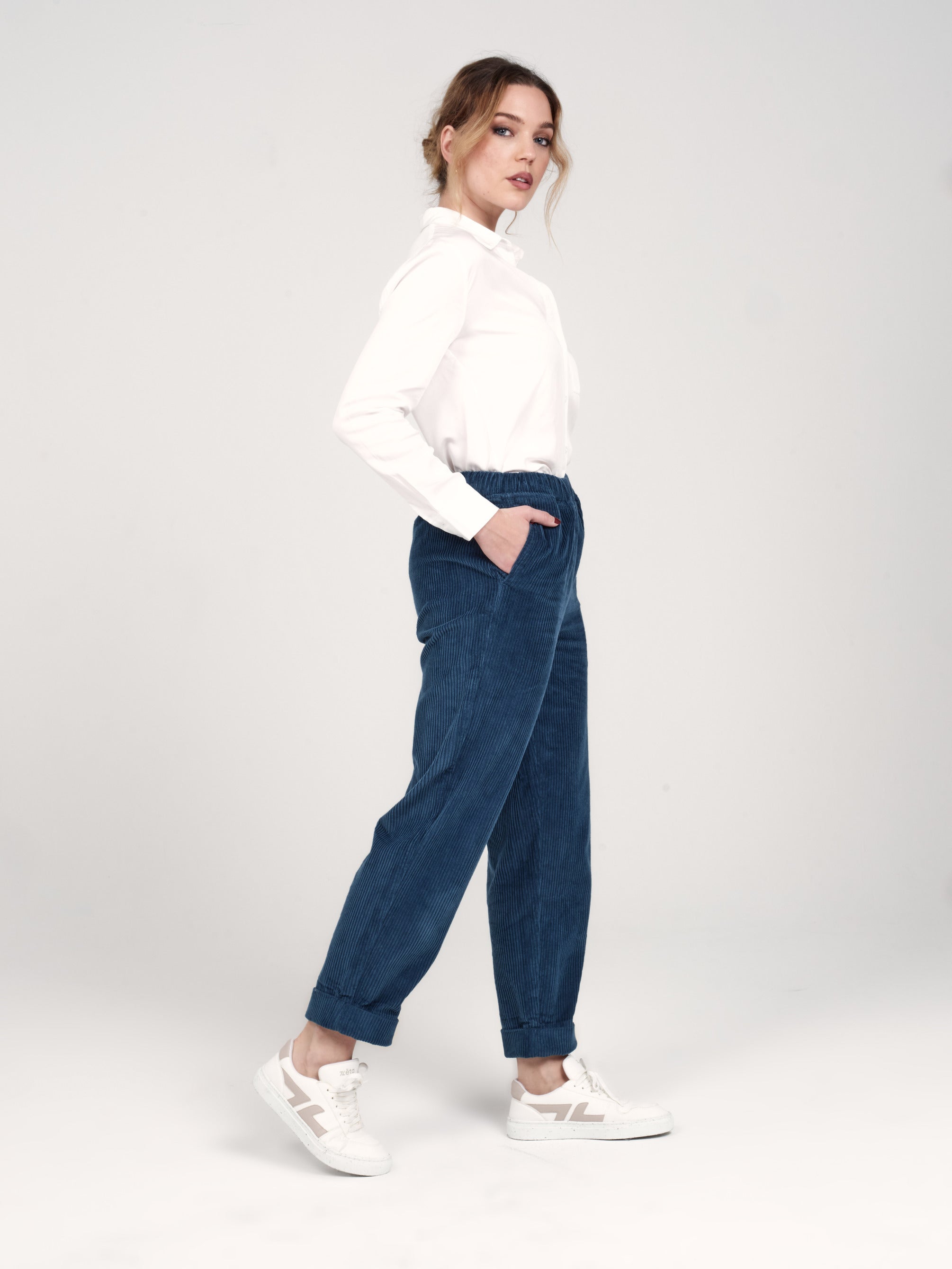 Pantalon Mom confort pétrole en velours FRANCE