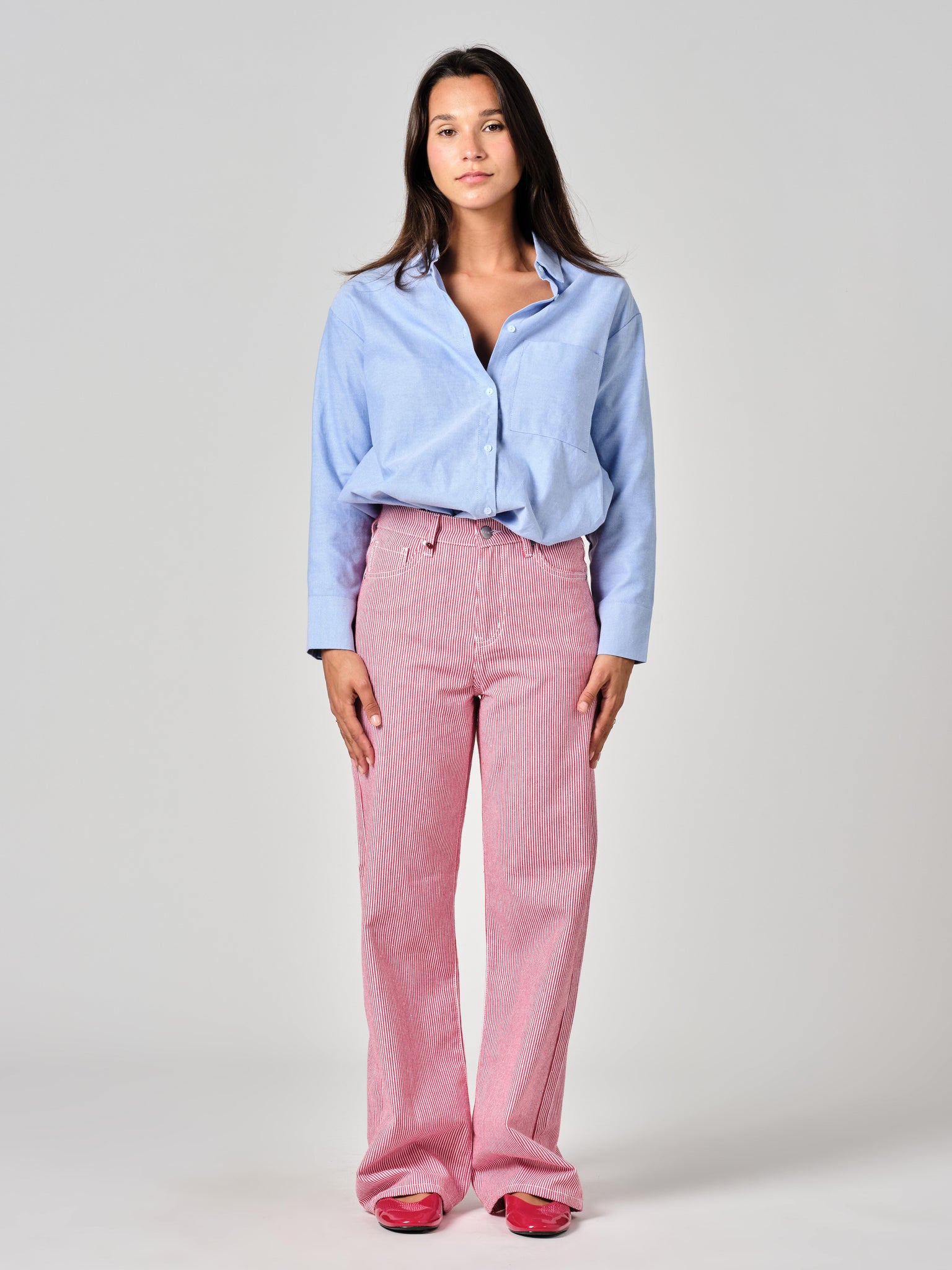 Red FOREST STRIPE flared jeans