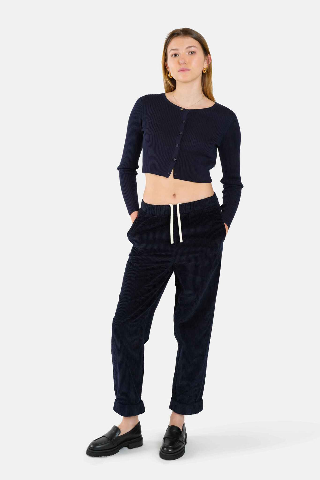 Pantalon Mom confort Bleu marine en velours FRANCE