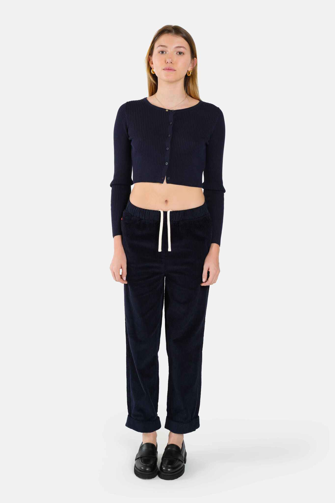 Navy blue comfort mom pants in velvet FRANCE