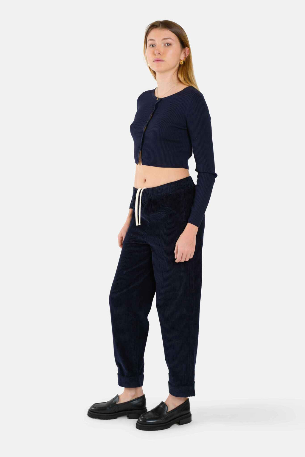 Pantalon Mom confort Bleu marine en velours FRANCE