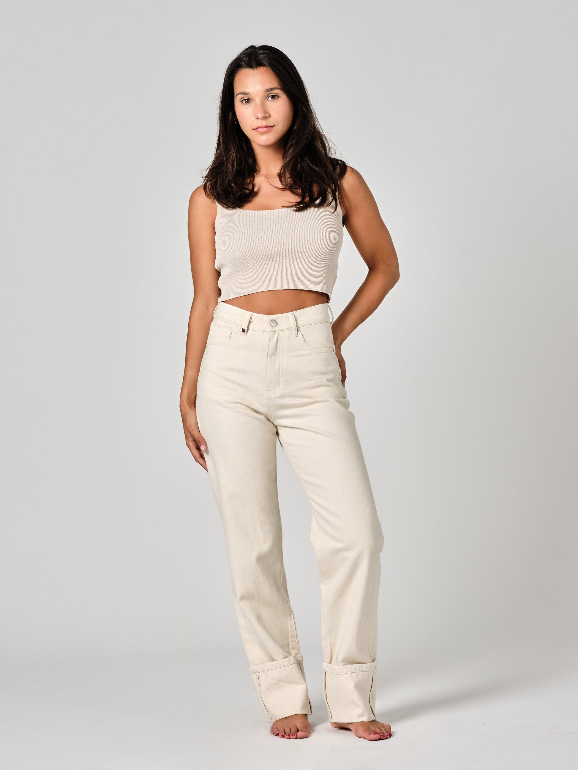 PEARL greige straight jeans with cuffs