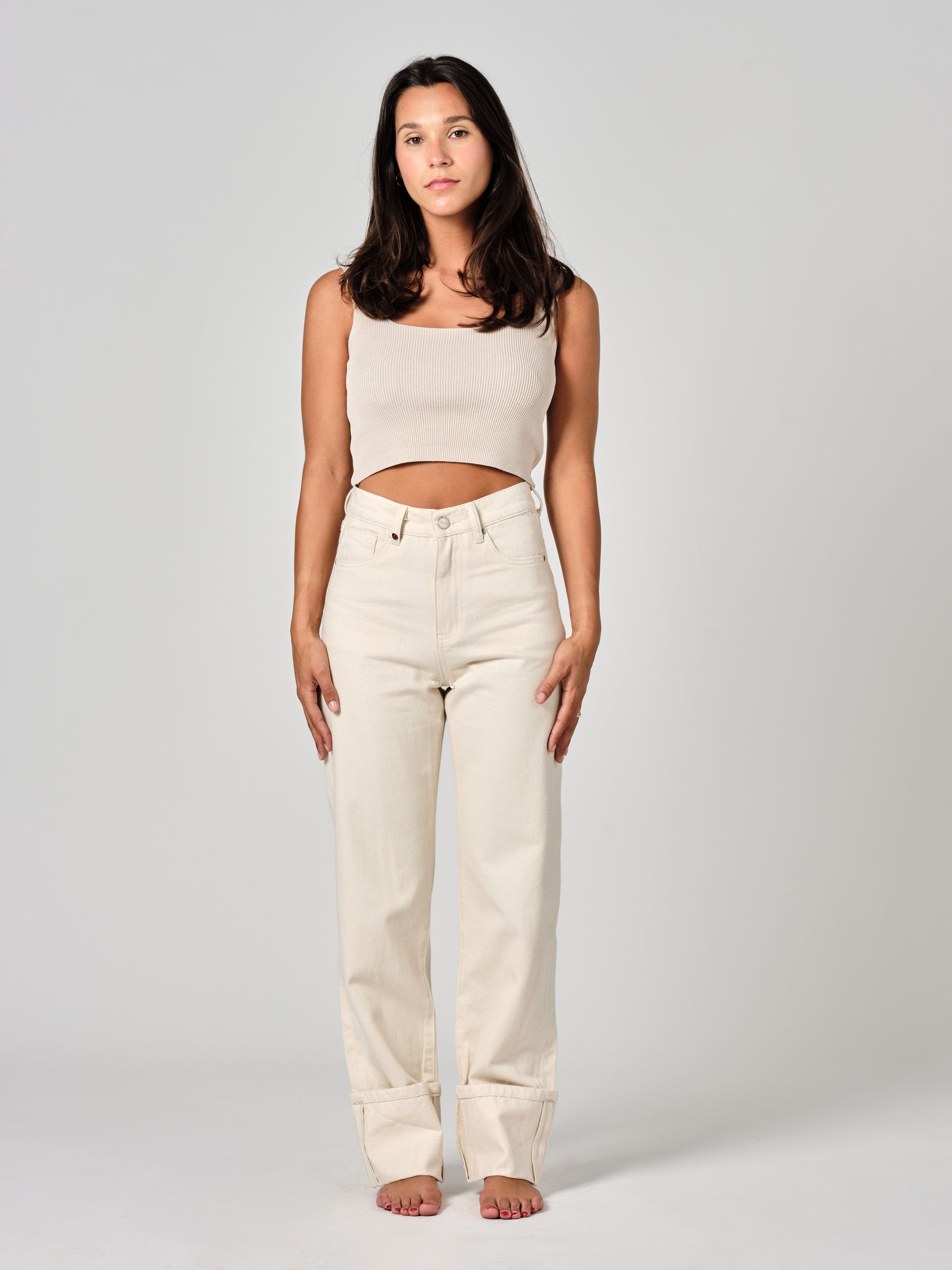 PEARL greige straight jeans with cuffs