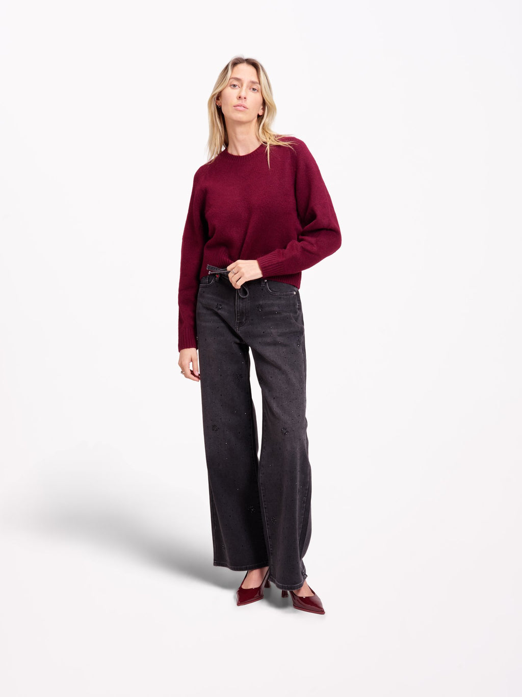 Jean large taille haute FLORA STRASS