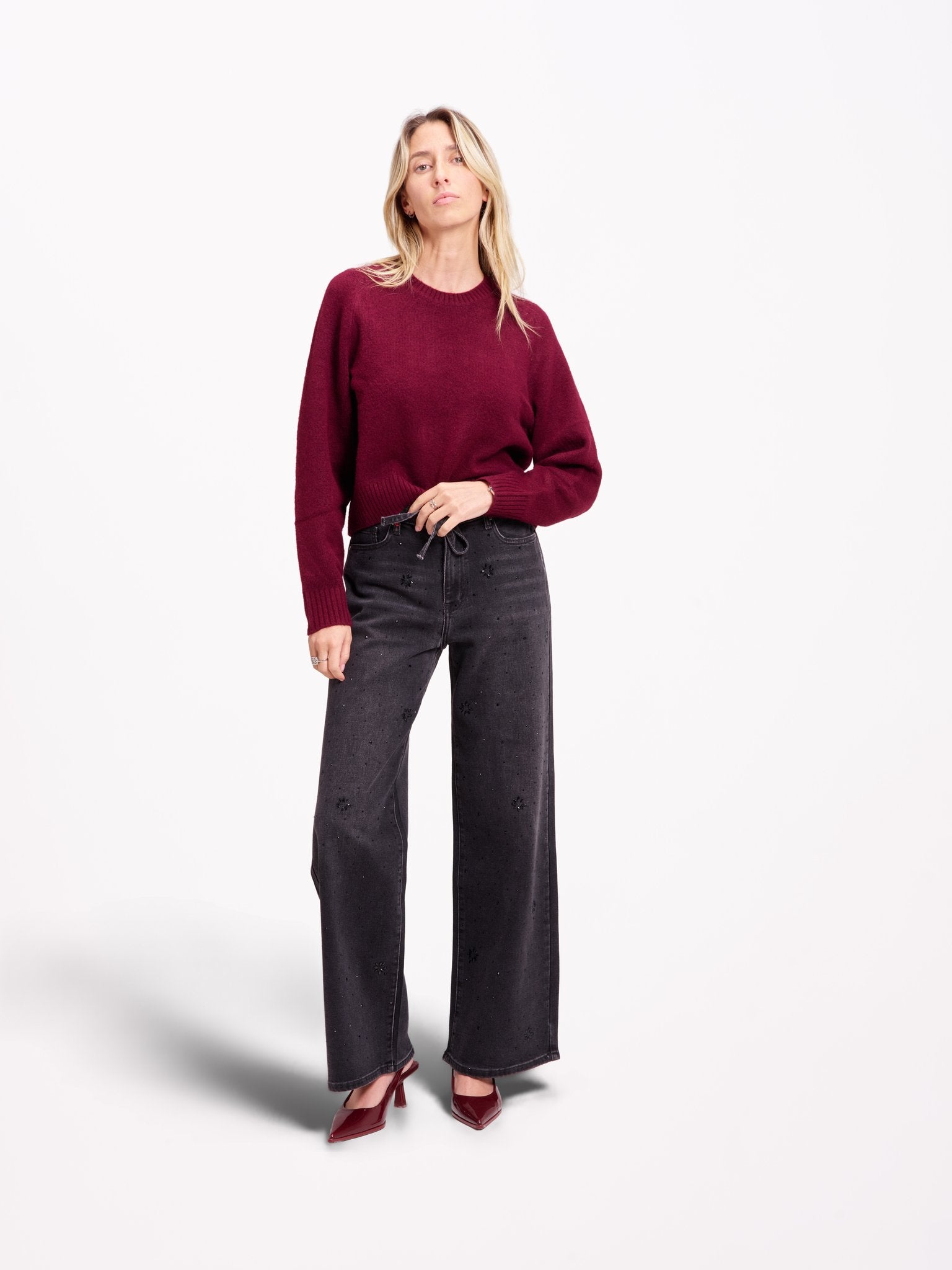 Jean large taille haute FLORA STRASS