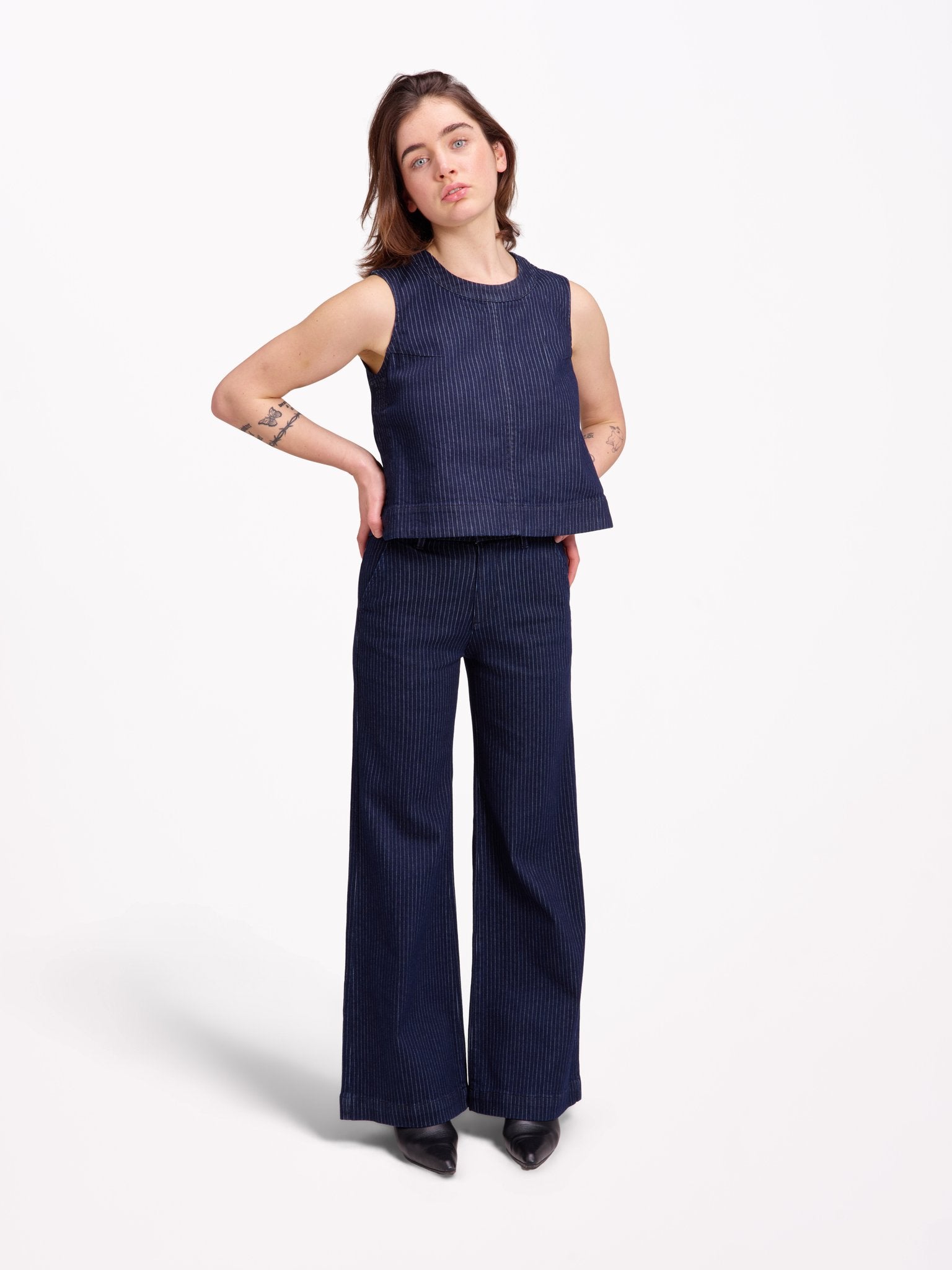 Jean évasé taille haute marine FRANCINE STRIPE