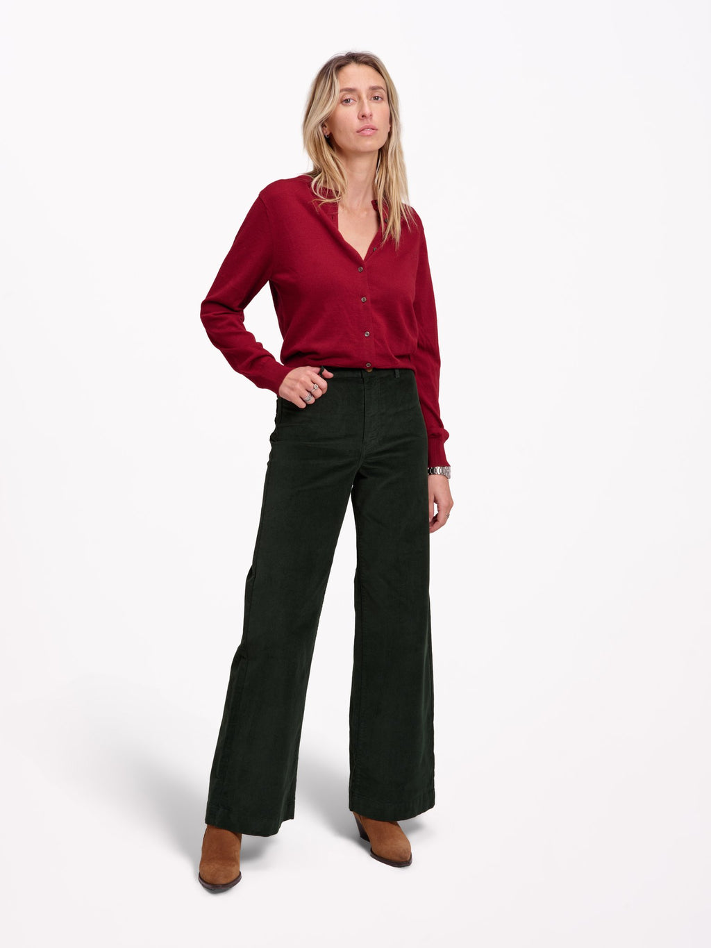 Pantalon évasé en velours ras FAUVE