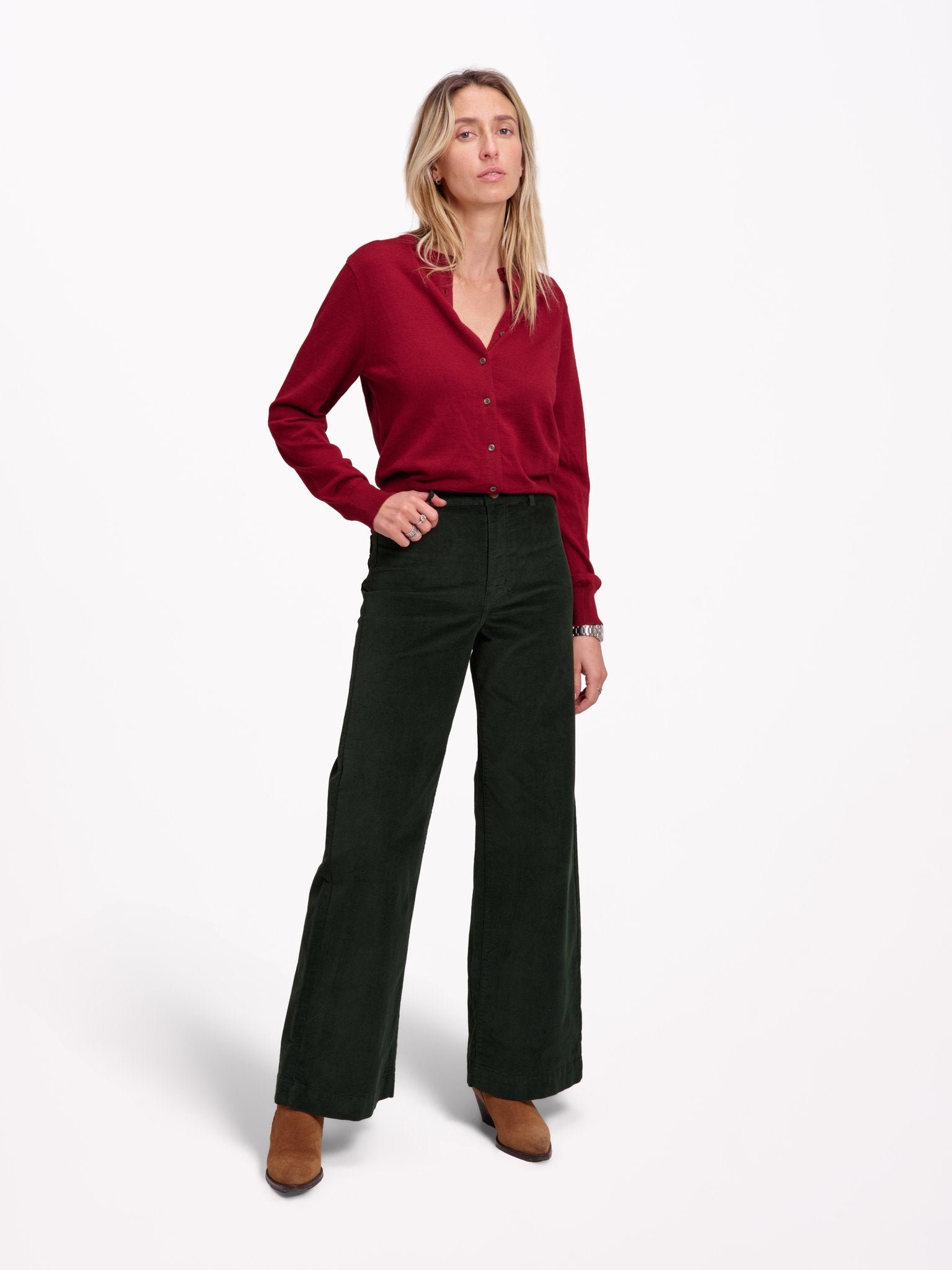 Pantalon évasé en velours ras FAUVE