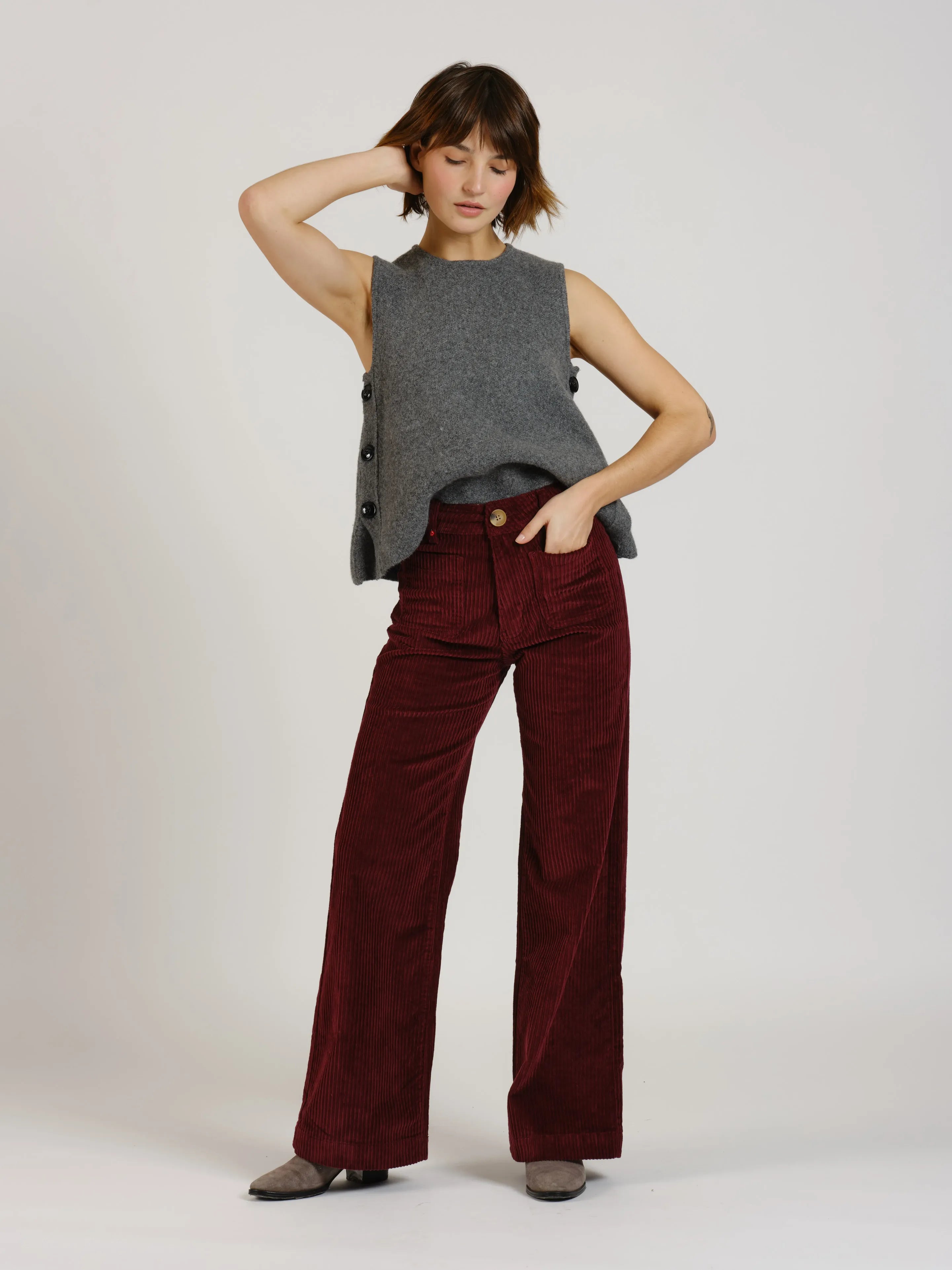 Pantalon évasé taille haute en velours FAUVE