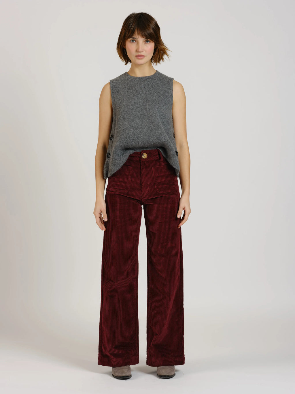 Pantalon évasé taille haute en velours FAUVE