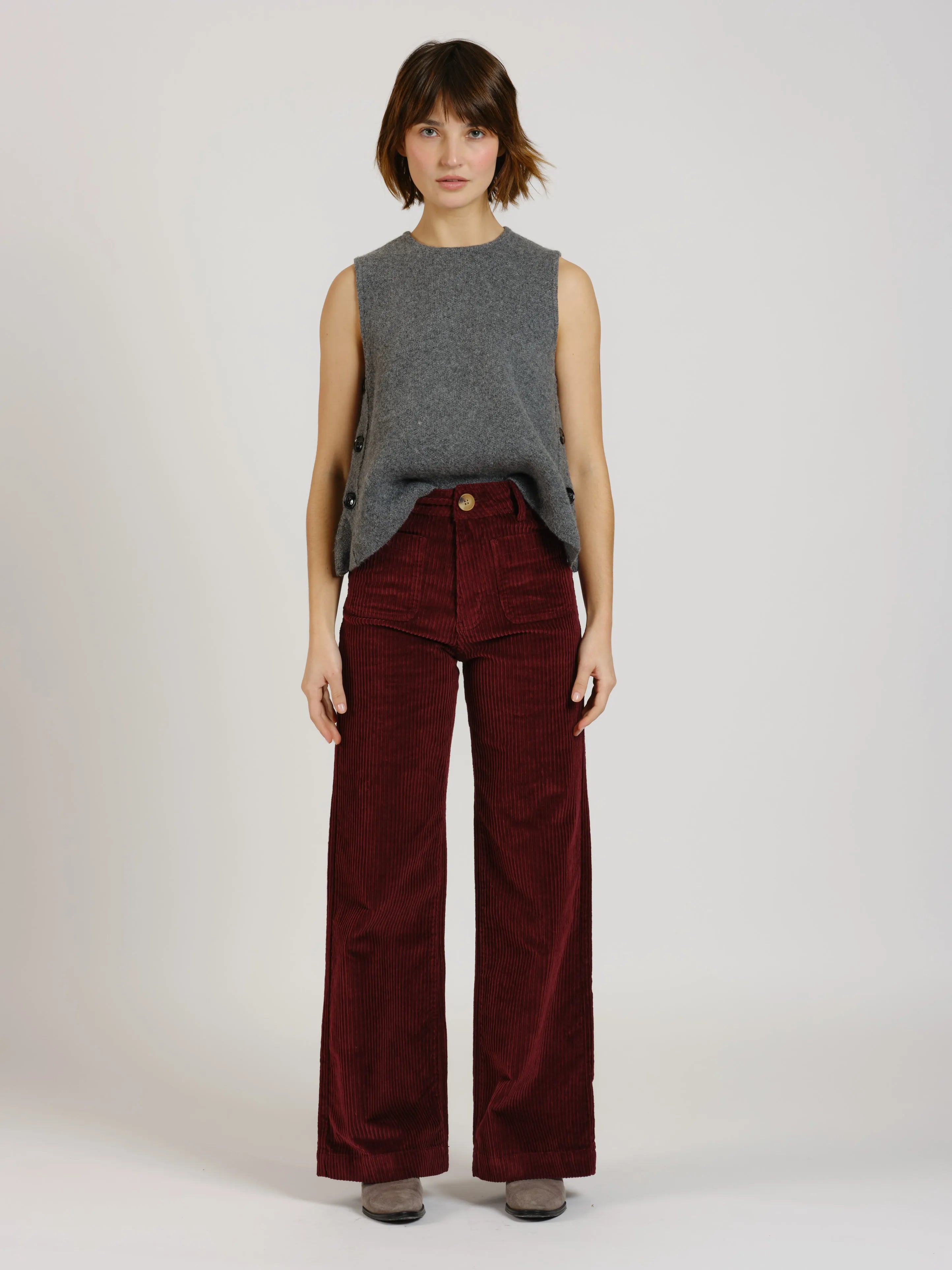 Pantalon évasé taille haute en velours FAUVE
