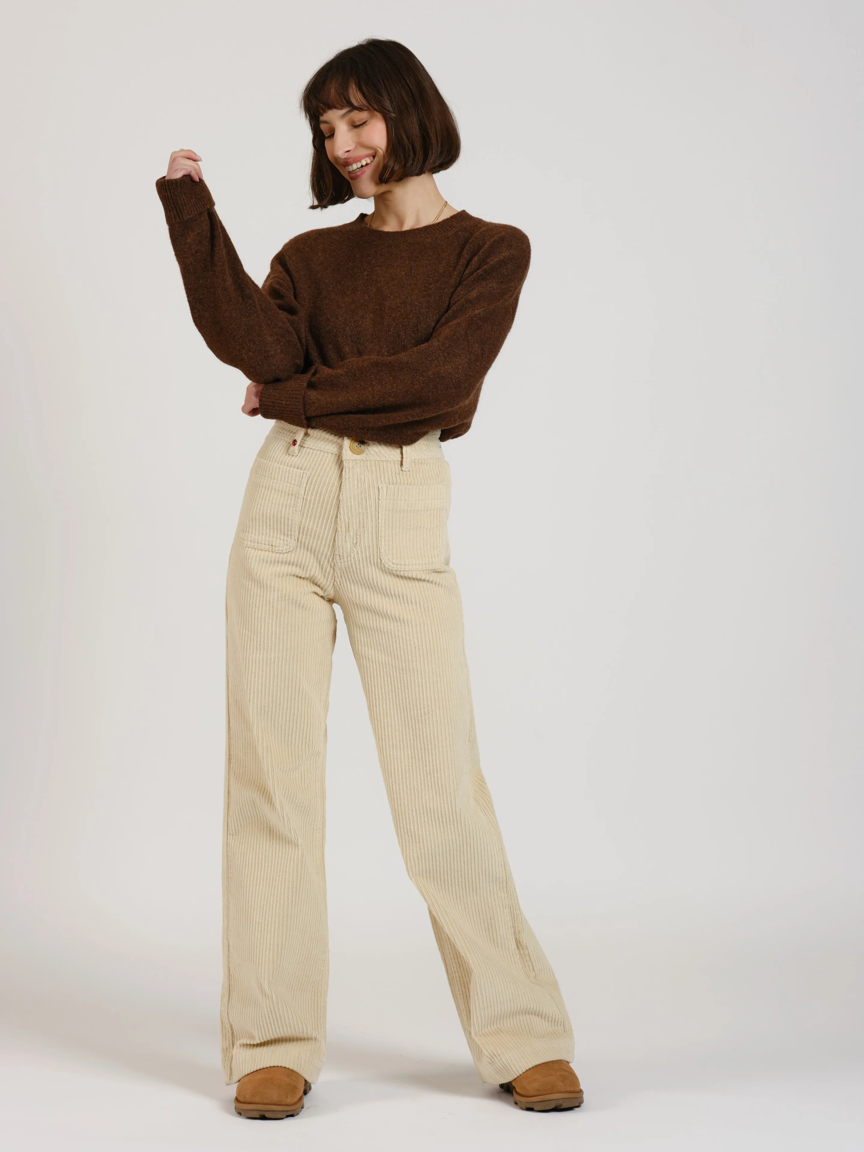 Pantalon évasé taille haute en velours FAUVE