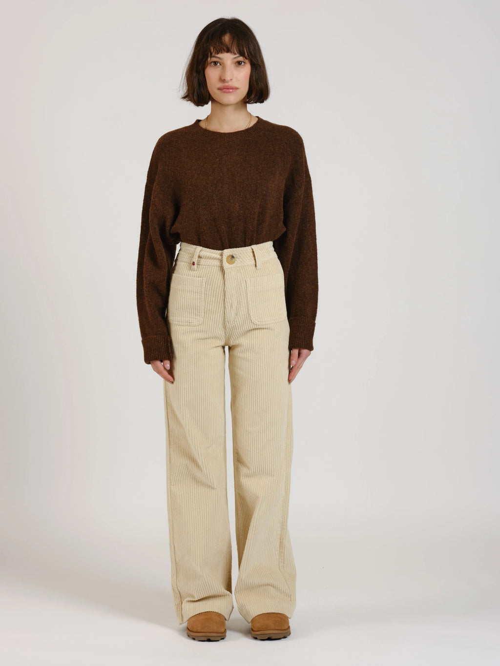 Pantalon évasé taille haute en velours FAUVE
