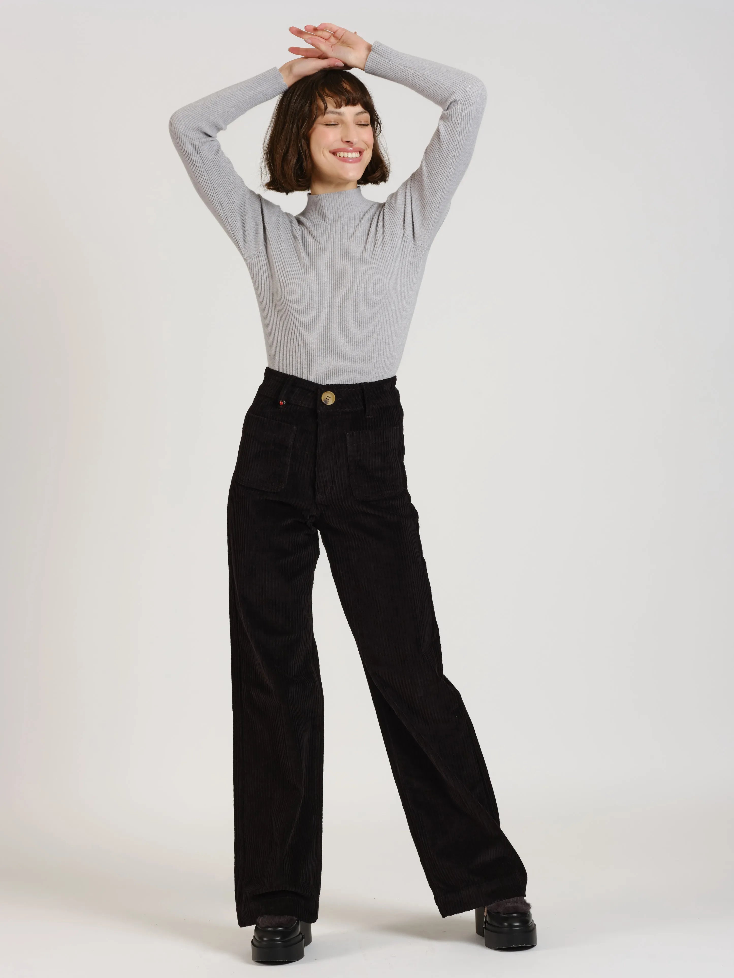 Pantalon évasé taille haute en velours FAUVE