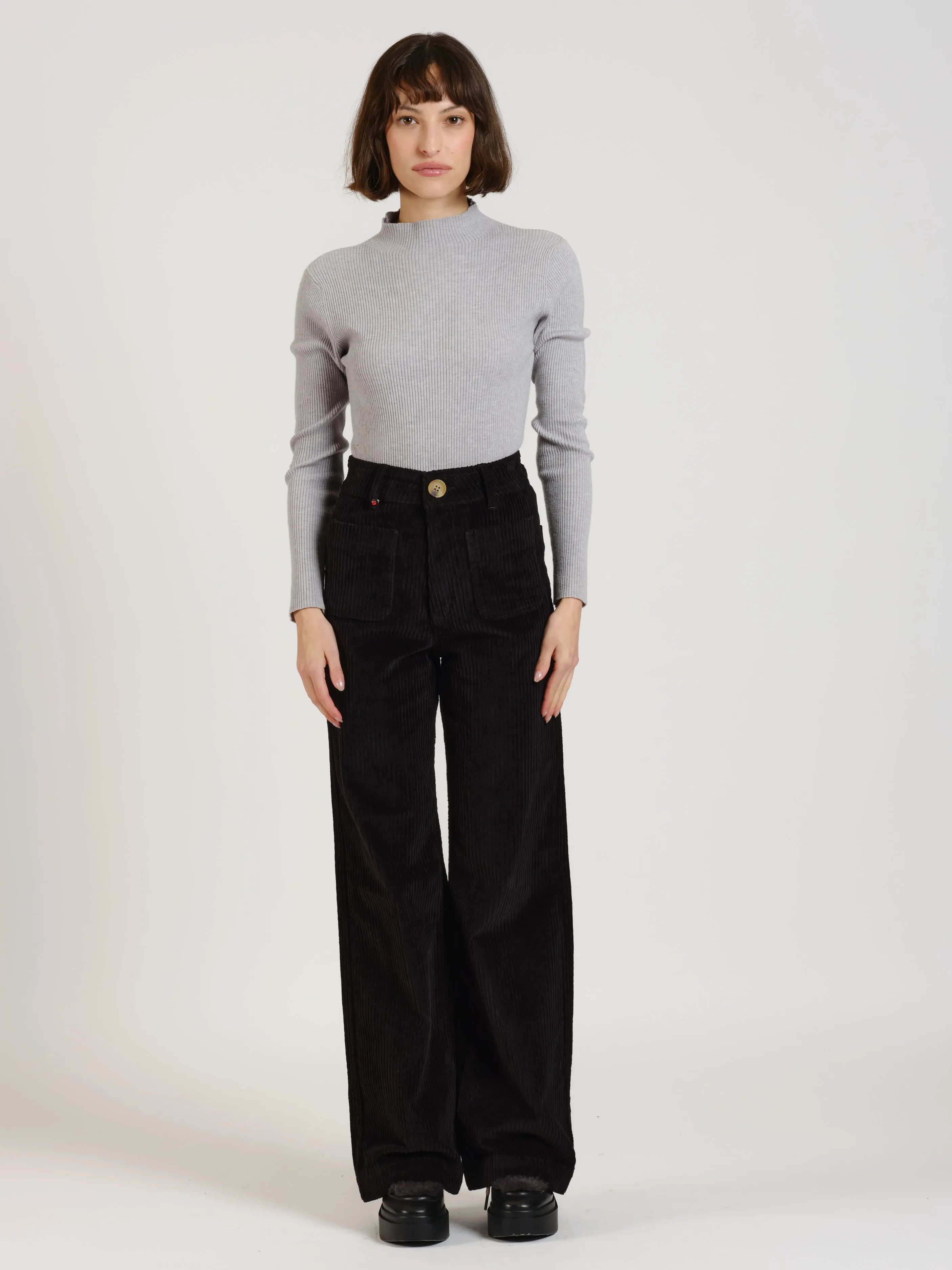 Pantalon évasé taille haute en velours FAUVE