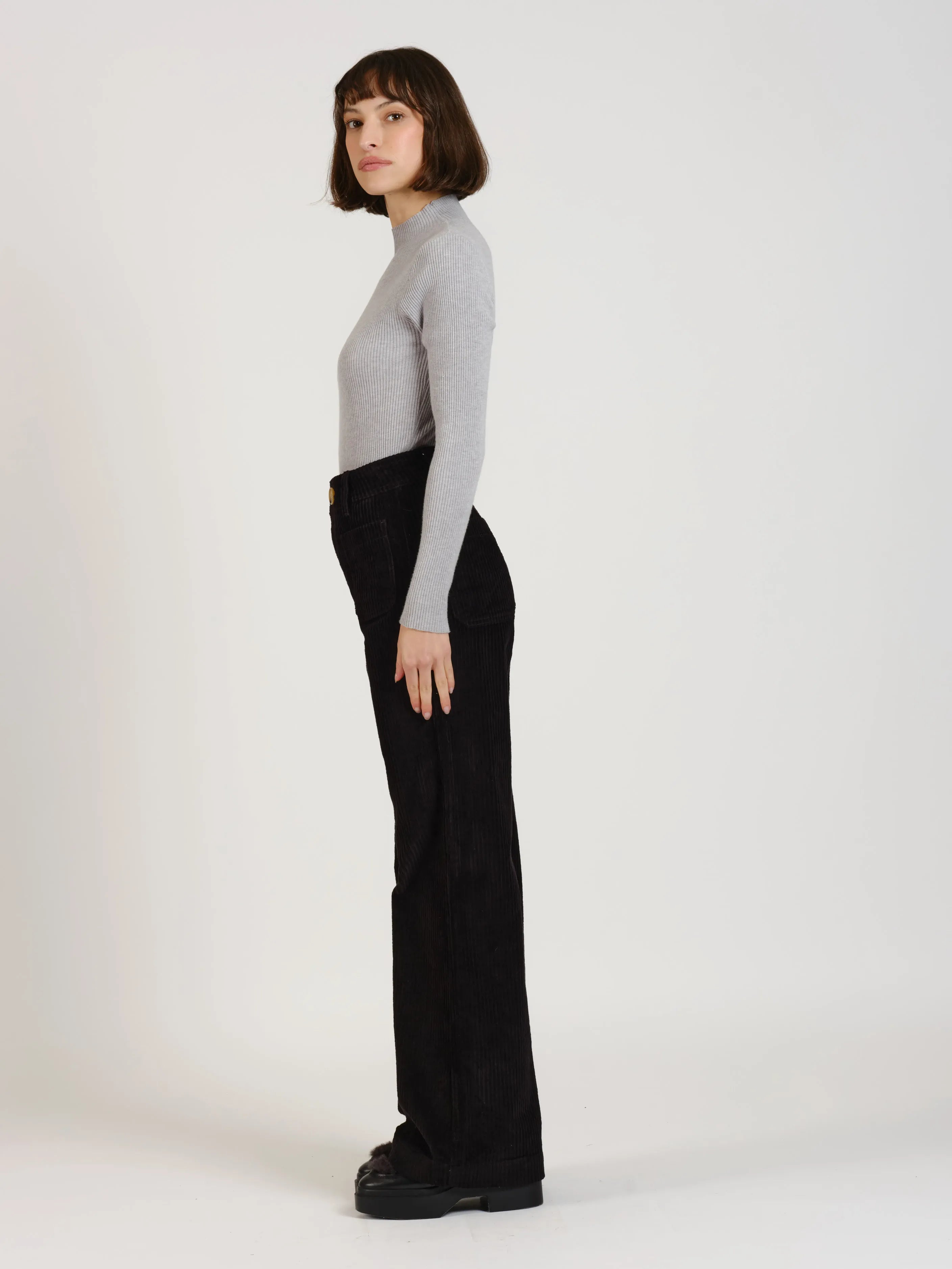 Pantalon évasé taille haute en velours FAUVE