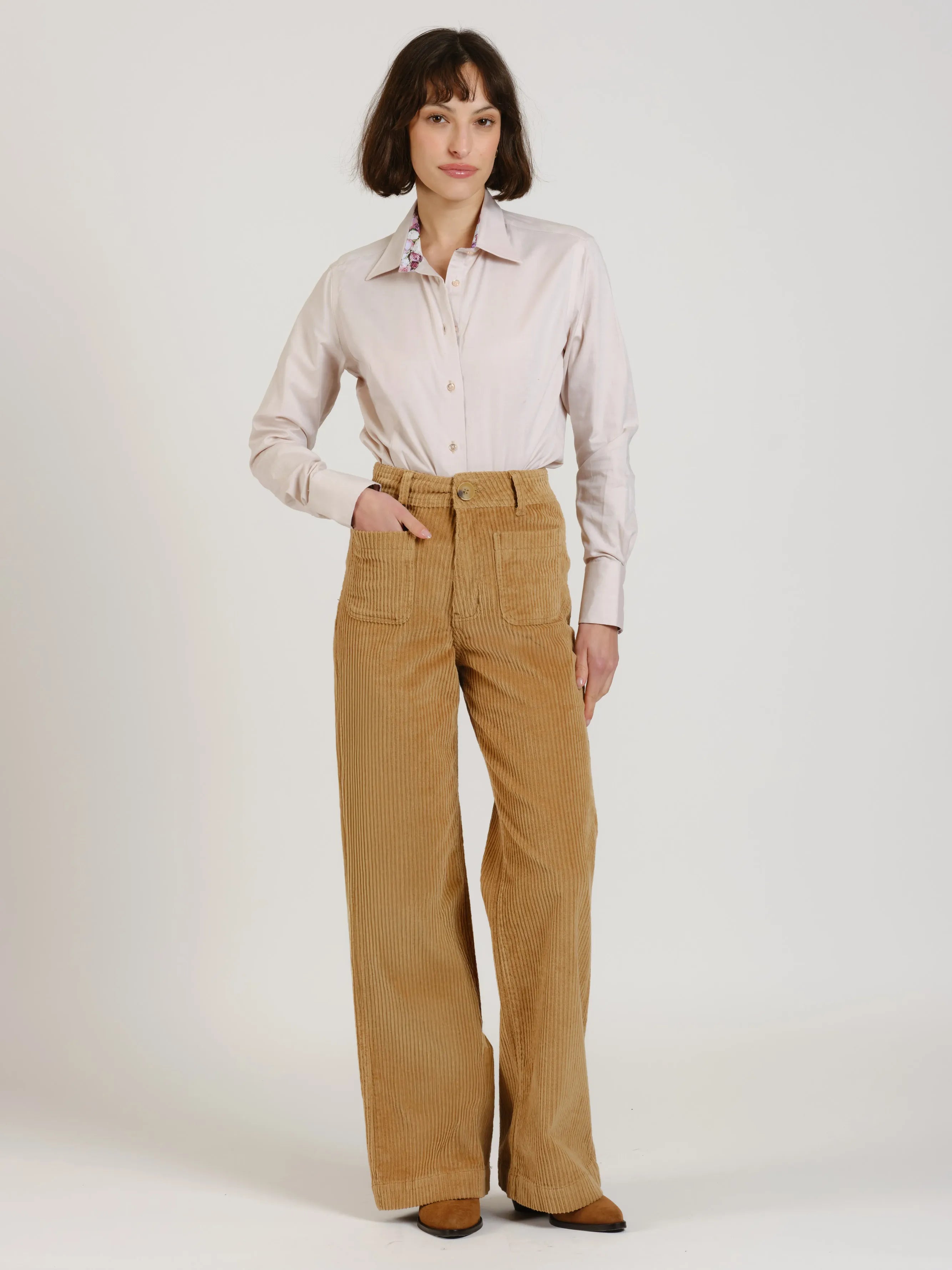 Pantalon évasé taille haute en velours FAUVE