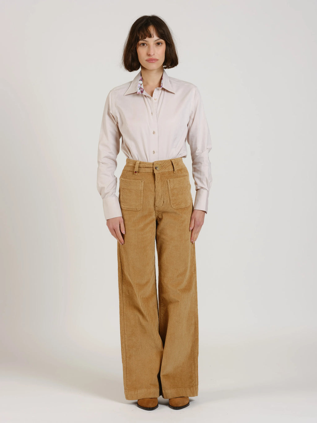 Pantalon évasé taille haute en velours FAUVE