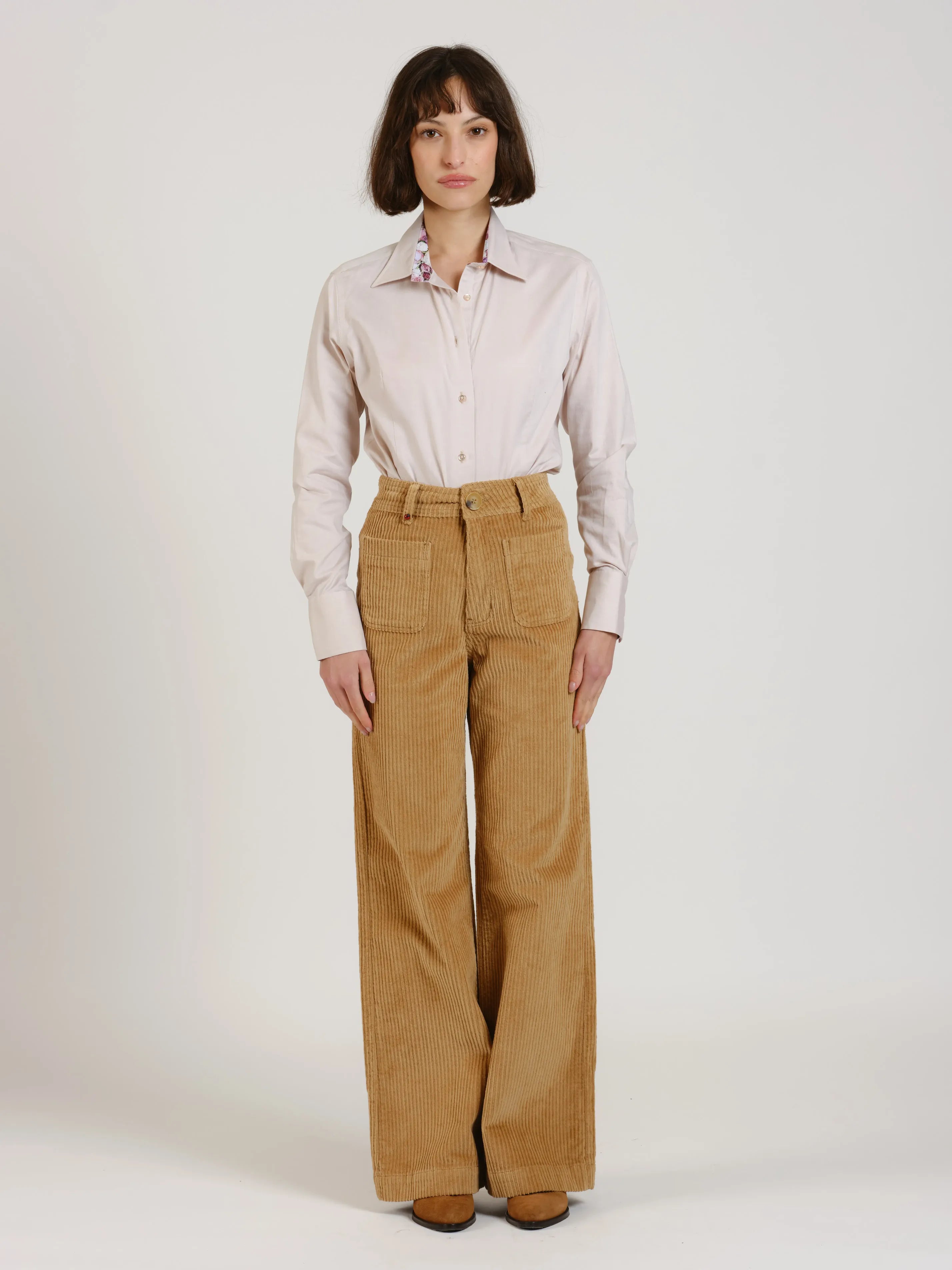 Pantalon évasé taille haute en velours FAUVE