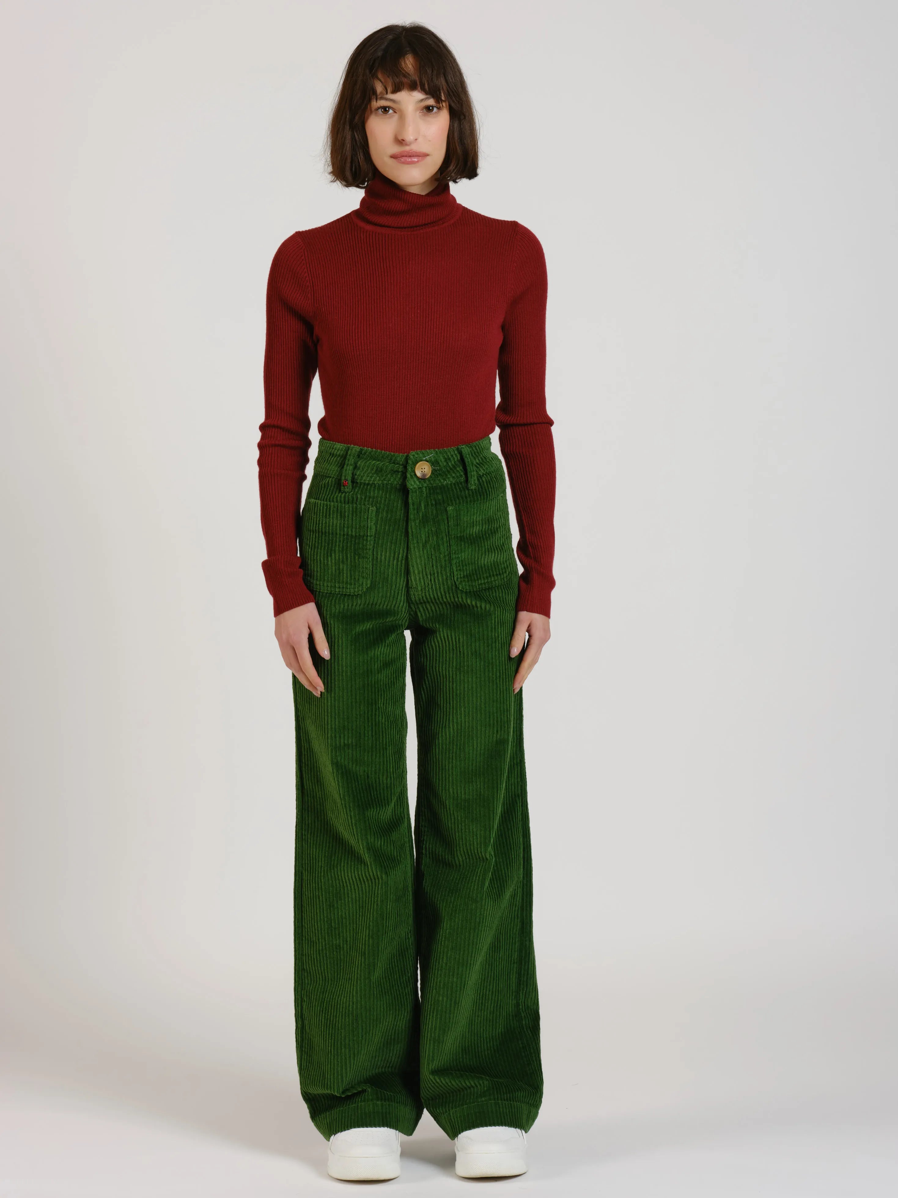 Pantalon évasé taille haute en velours FAUVE