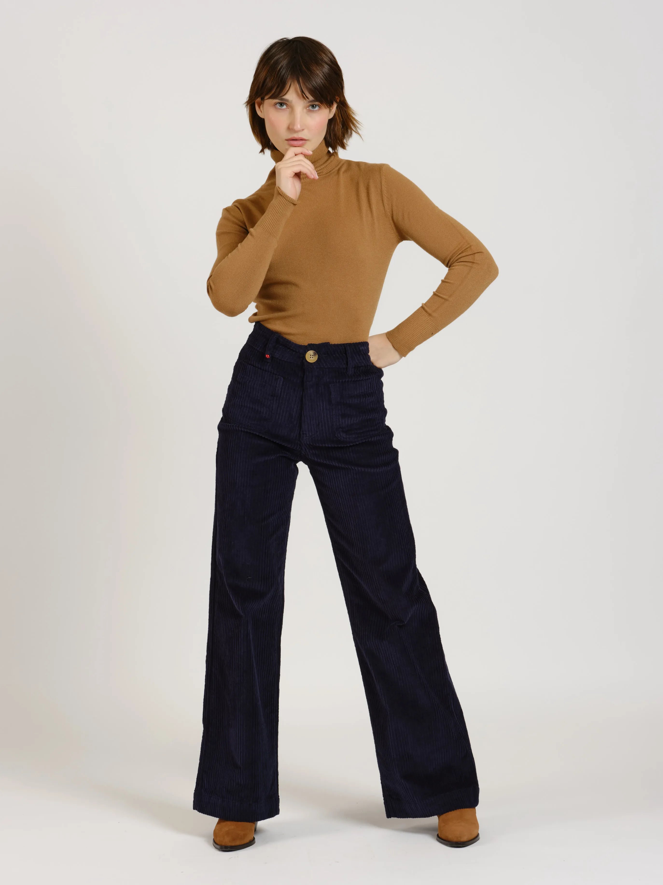 Pantalon évasé taille haute en velours FAUVE