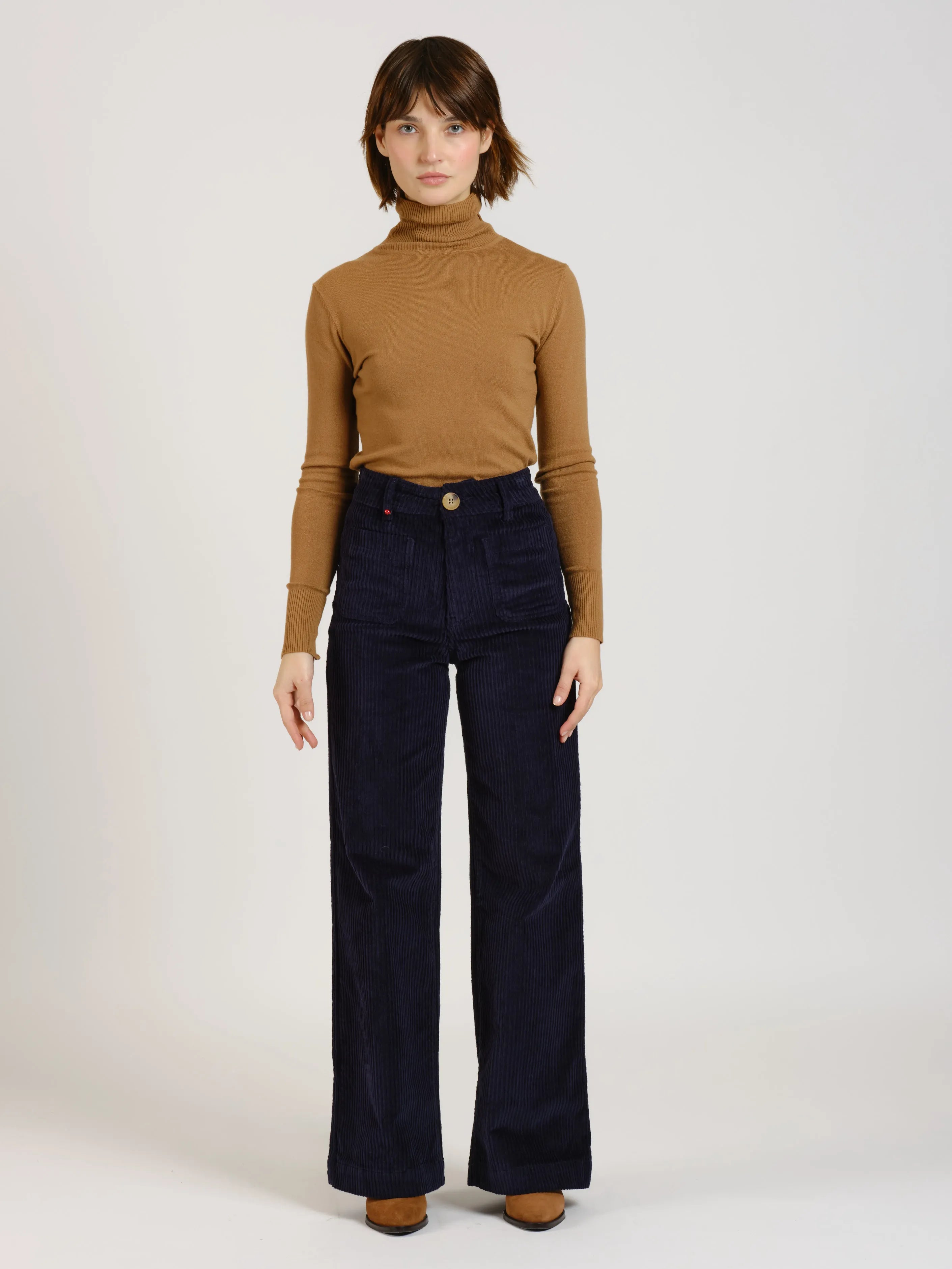 Pantalon évasé taille haute en velours FAUVE