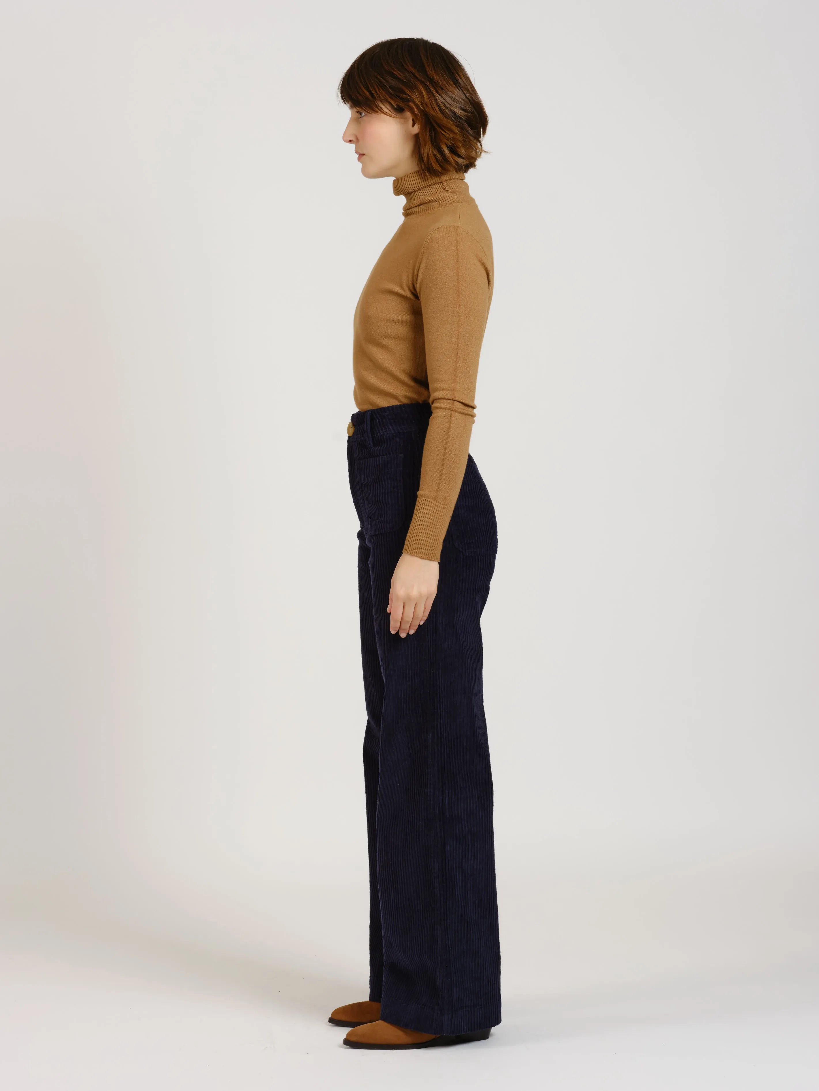 Pantalon évasé taille haute en velours FAUVE