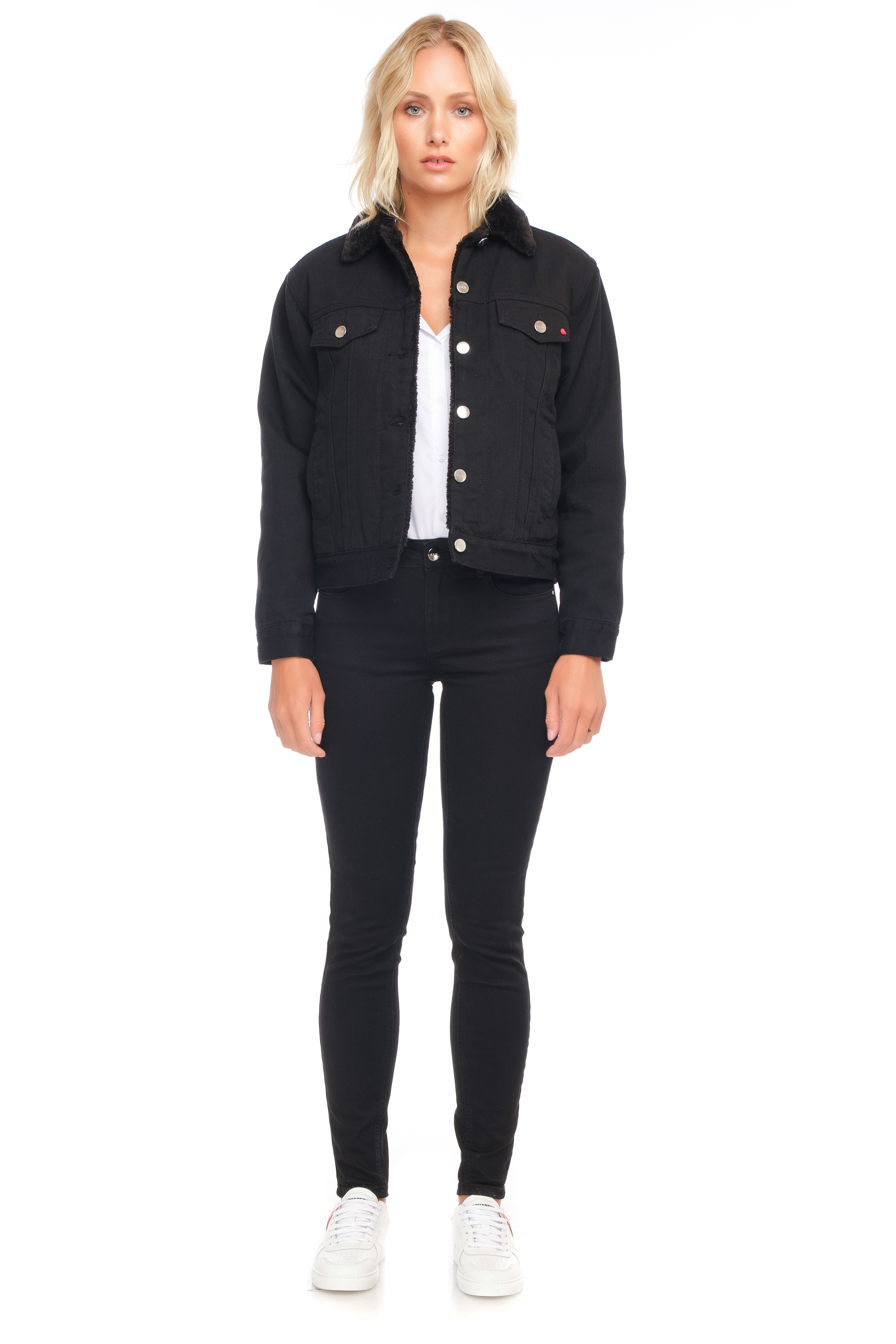 Veste en jean VIVI SHERPA BLACK femme, BLACK, taille XS, porté par Émilie (1m72) – photo 2