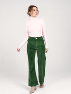 Pantalon évasé en velours vert FAUVE femme, GREEN, taille XS, porté par Priscilla (1m76) – photo 2