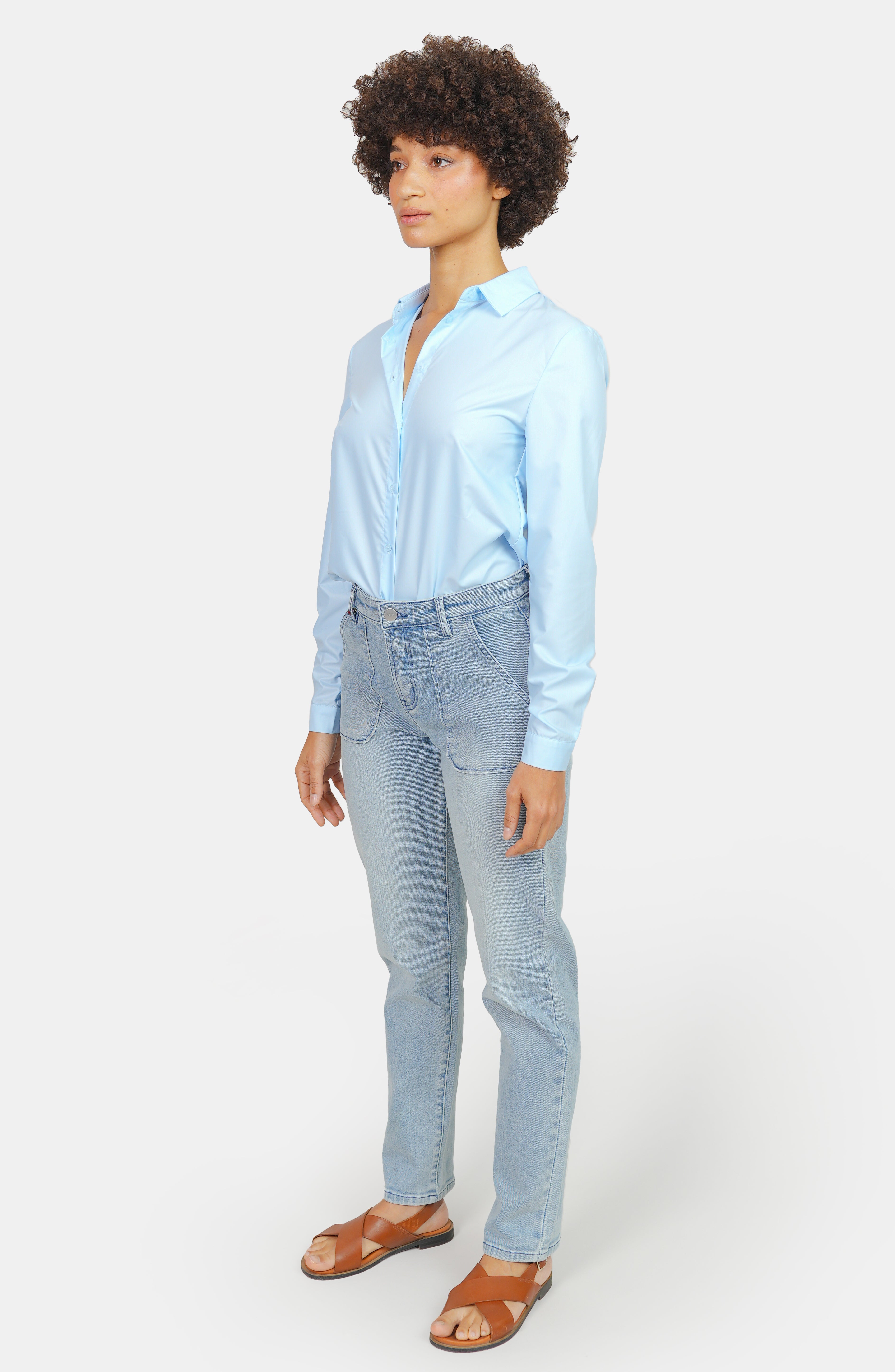 Jean mom confort bleu MARIE femme, LIGHT BLUE, taille XS, porté par Marie (1m71) – photo 3