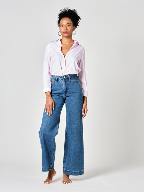 Jean large taille haute FLEURE femme, STONE, taille XS, porté par Shazney (1m75) (FAM PARIS) – photo 1