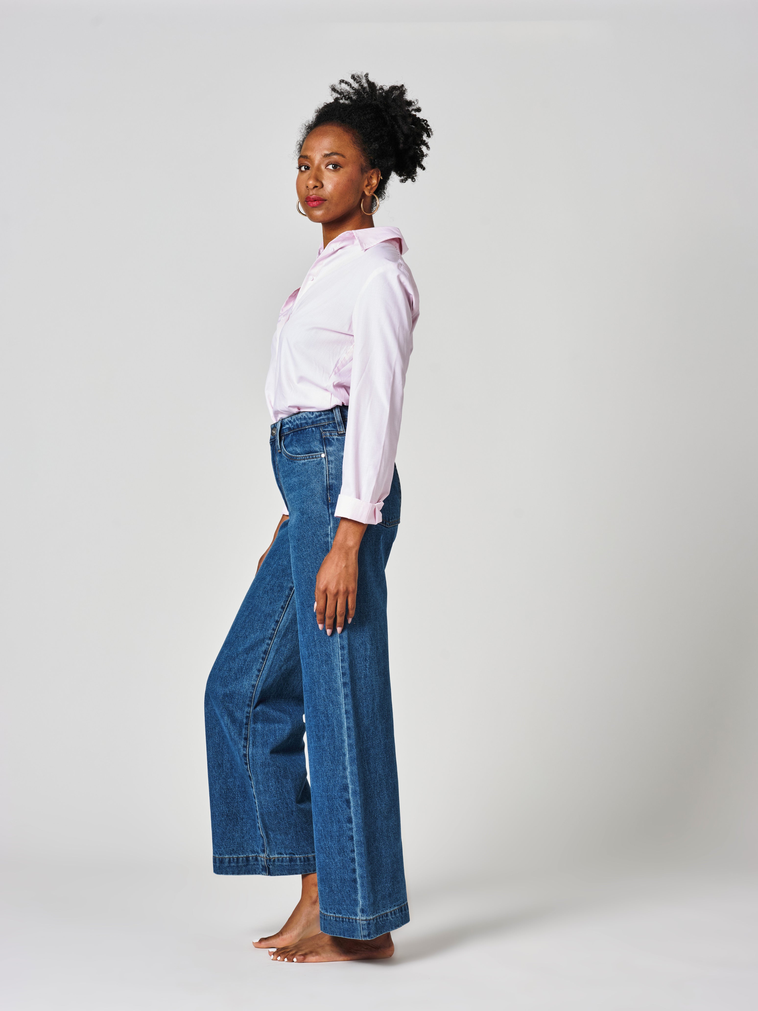 Jean large taille haute FLEURE femme, STONE, taille XS, porté par Shazney (1m75) – photo 3