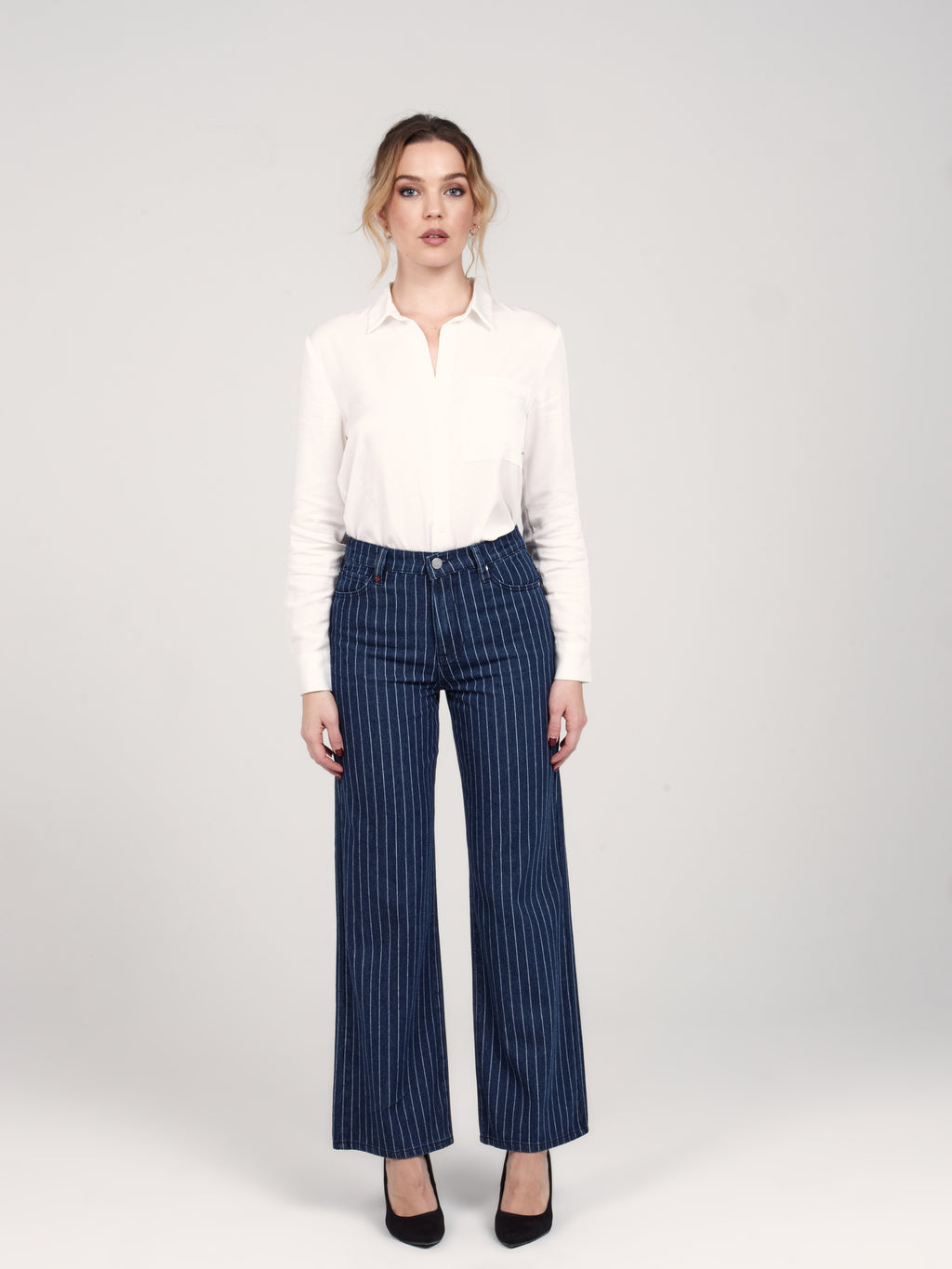 Jean évasé taille haute femme, STRIPE, taille XS, porté par Priscilla (1m76) (F.A.M. JEANS) – photo 1