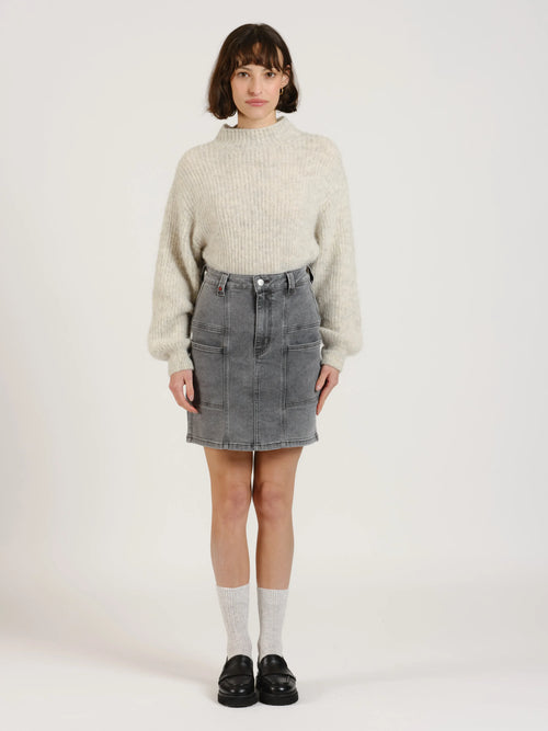 Jupe en denim avec poches latérale AGNES femme, GREY, taille XS, porté par Léa (1m70) – photo 2