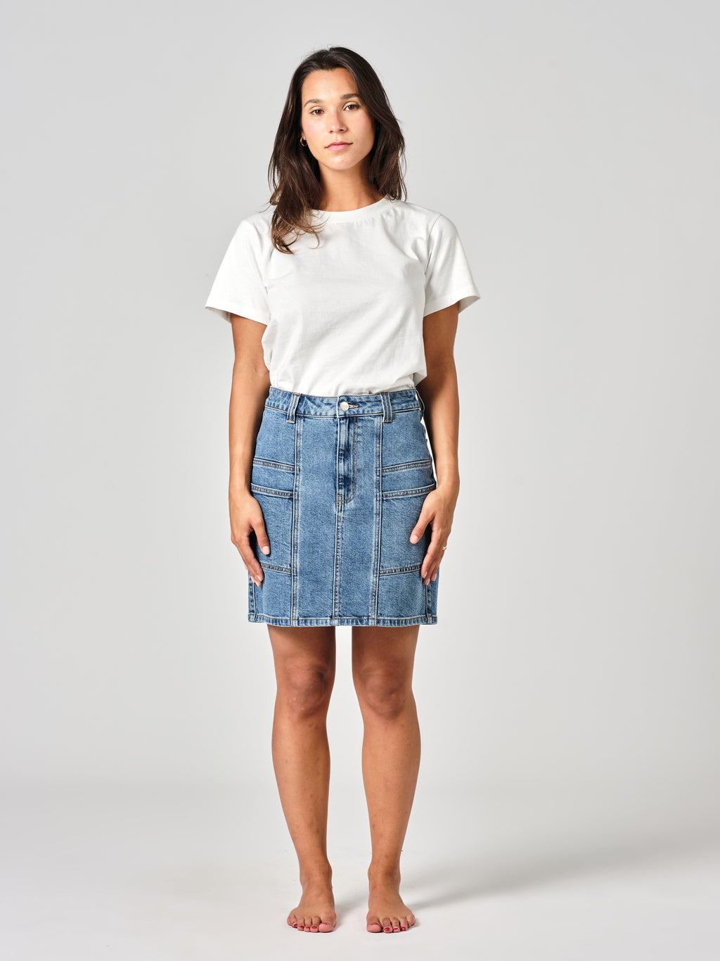 Jupe en jean stone AGNES femme, STONE, taille XS, porté par Valentine (1m70) – photo 2