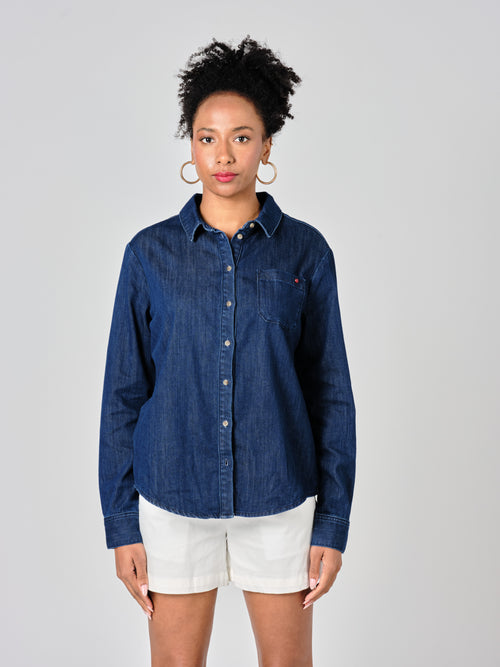 Chemise en jean indigo STACY femme, INDIGO, taille XS, porté par Shazney (1m75) – photo 2